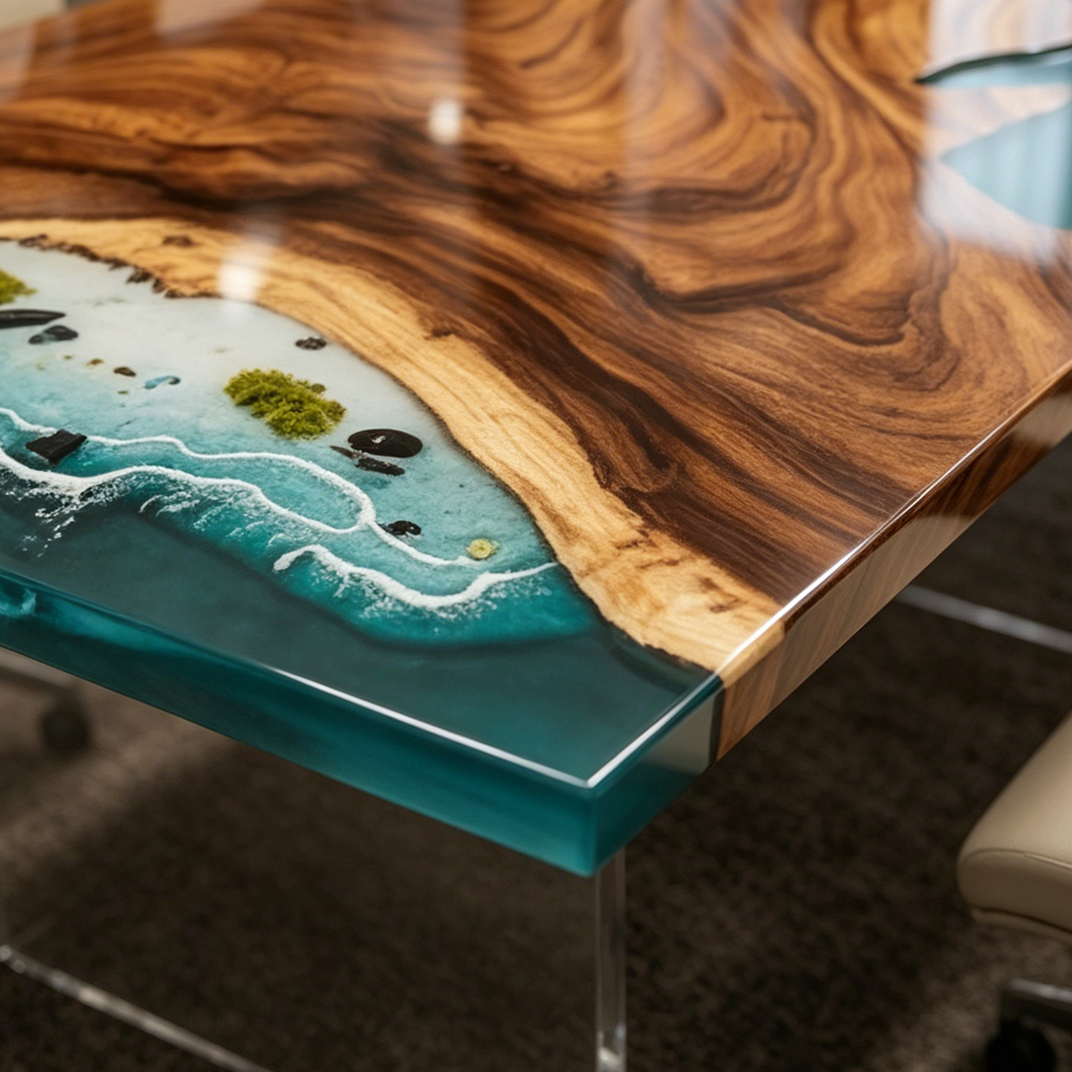 Olive Wood Ocean Scene Rectangle Resin Conference Table