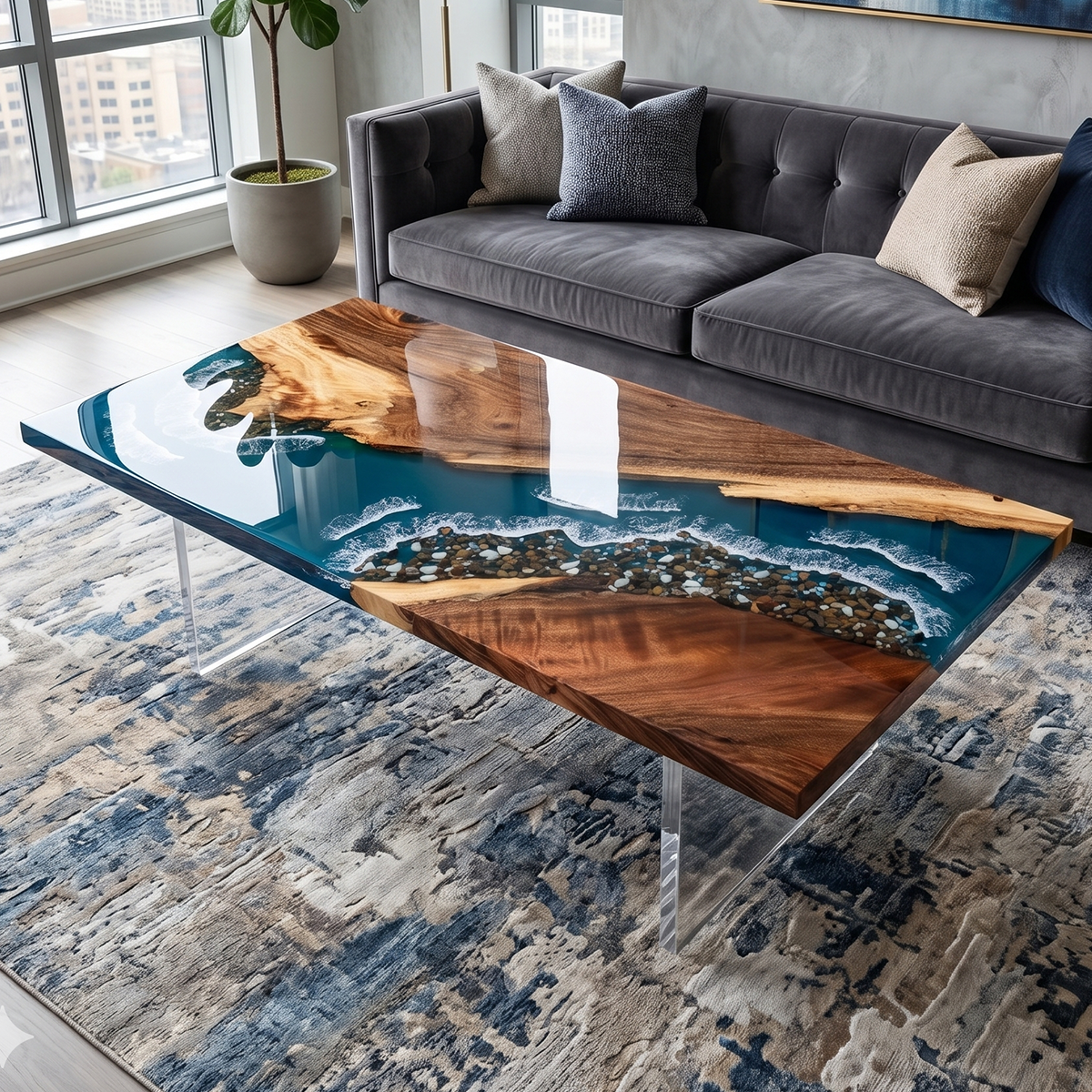 Walnut Wood Teal Ocean Wave Rectangle Resin coffee table