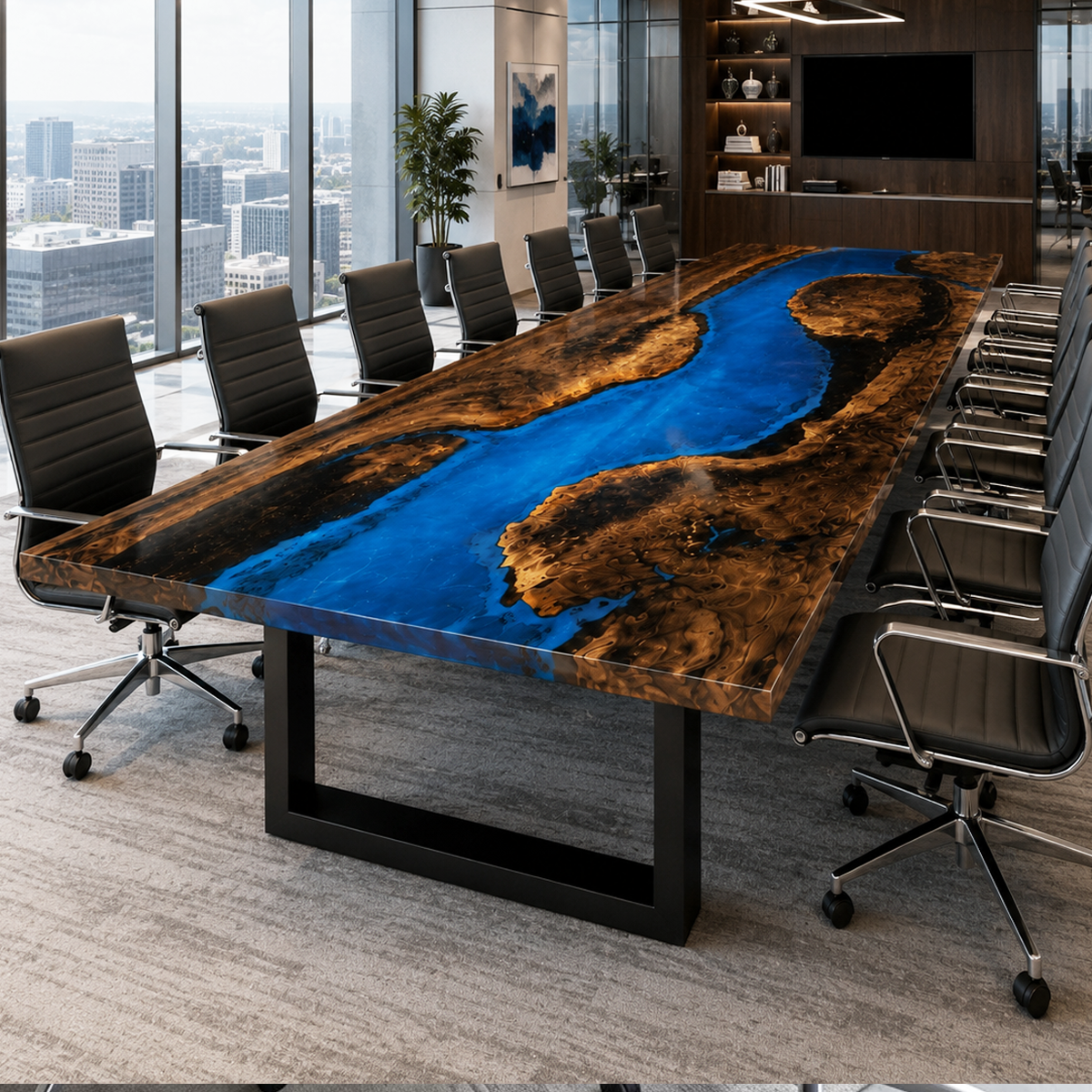 Luxury Black Walnut Wood Blue River Epoxy Conference Table