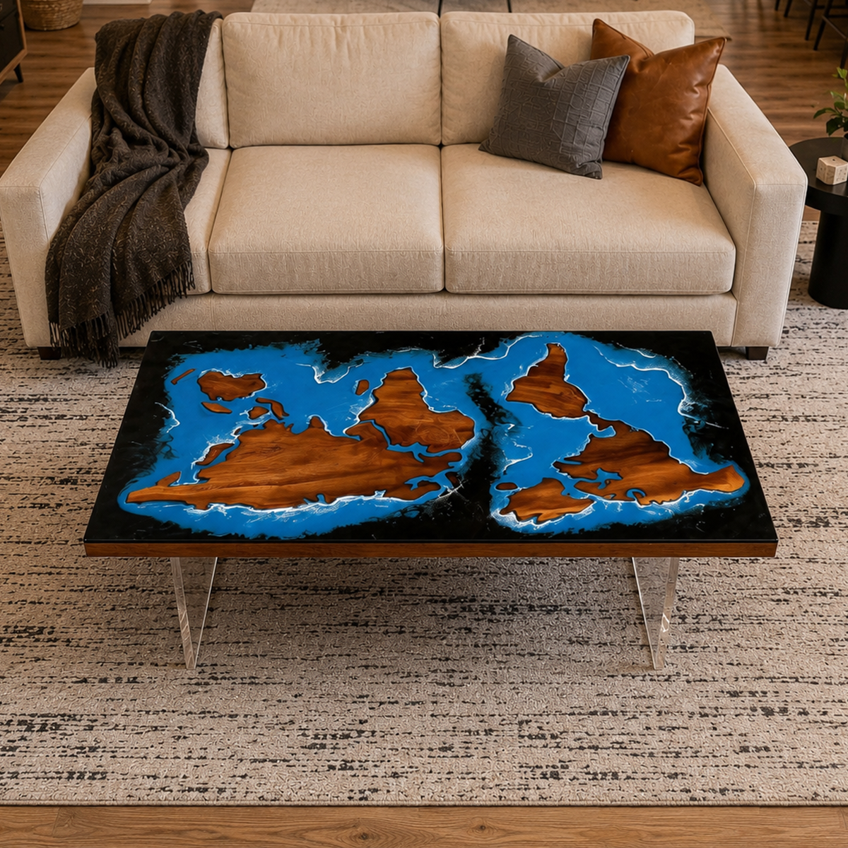 Walnut Wood Blue Ocean World Map Resin Coffee Table