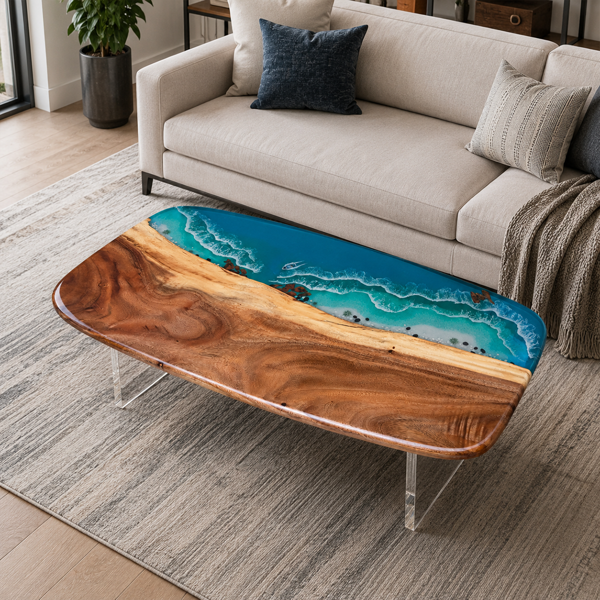 Walnut Wood Blue Wave Rectangle Resin Coffee Table