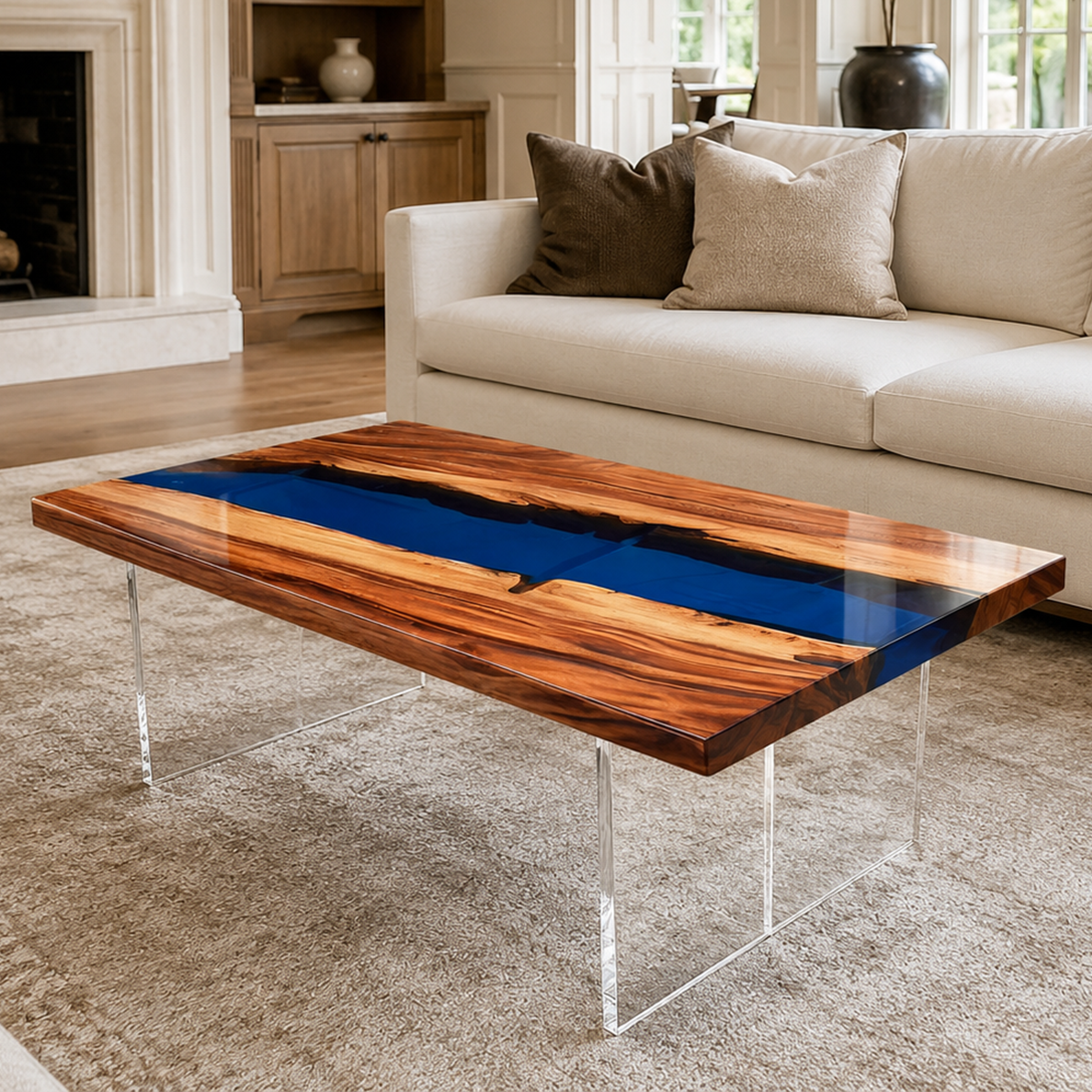 Walnut Wood Rectangle Blue Coffee Table