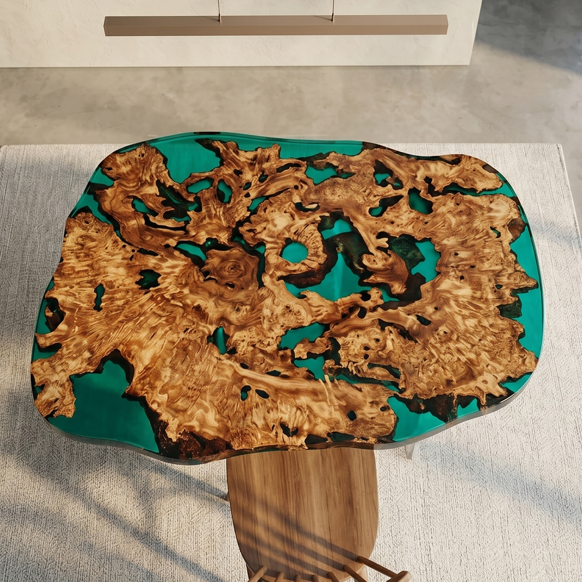 Burl Wood Teal Epoxy Resin Coffee Table