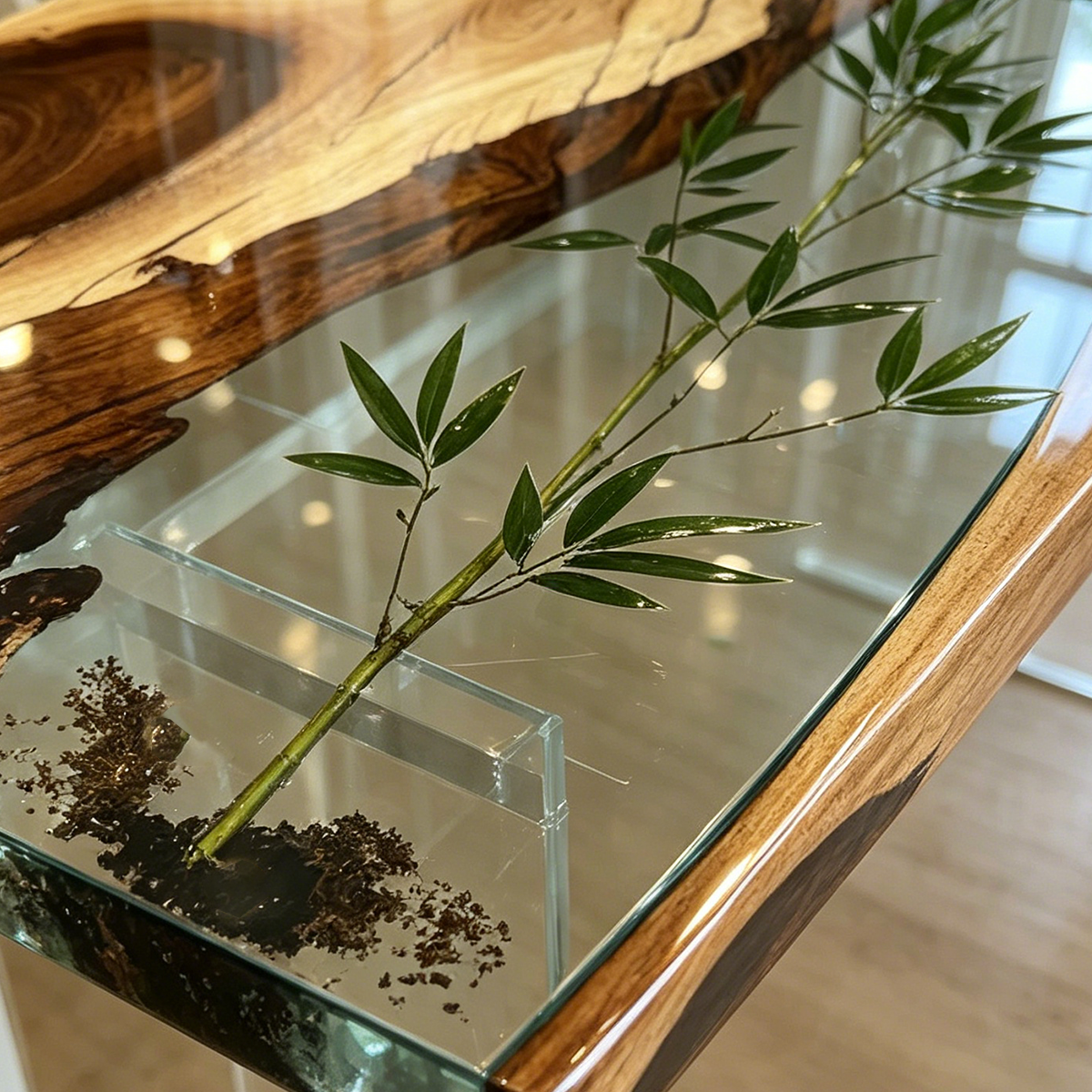 Bamboo Inlay Walnut Wood Epoxy Resin Coffee Table