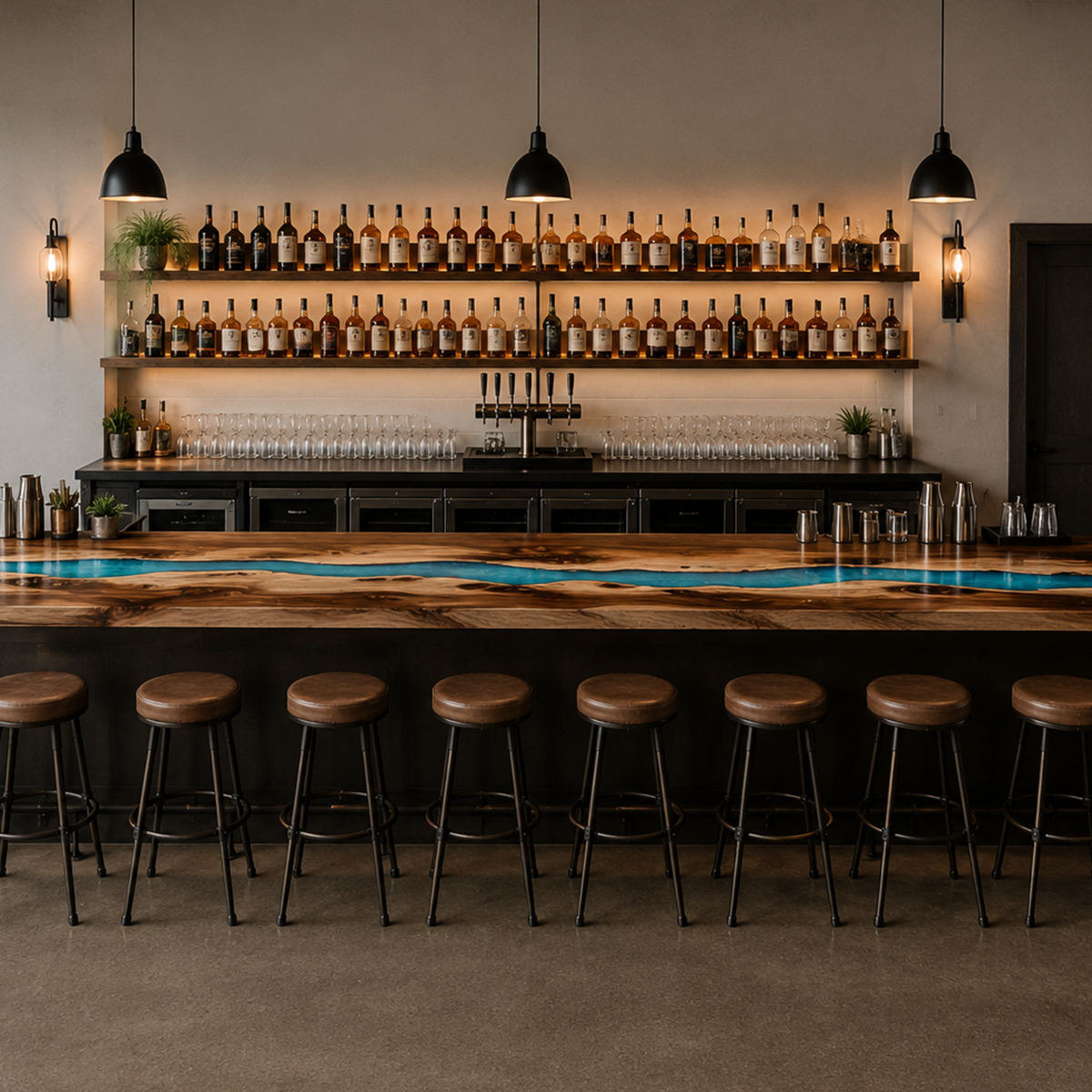 Walnut Wood Ocean Wave Inlay Counter Height Epoxy Resin Bar Table