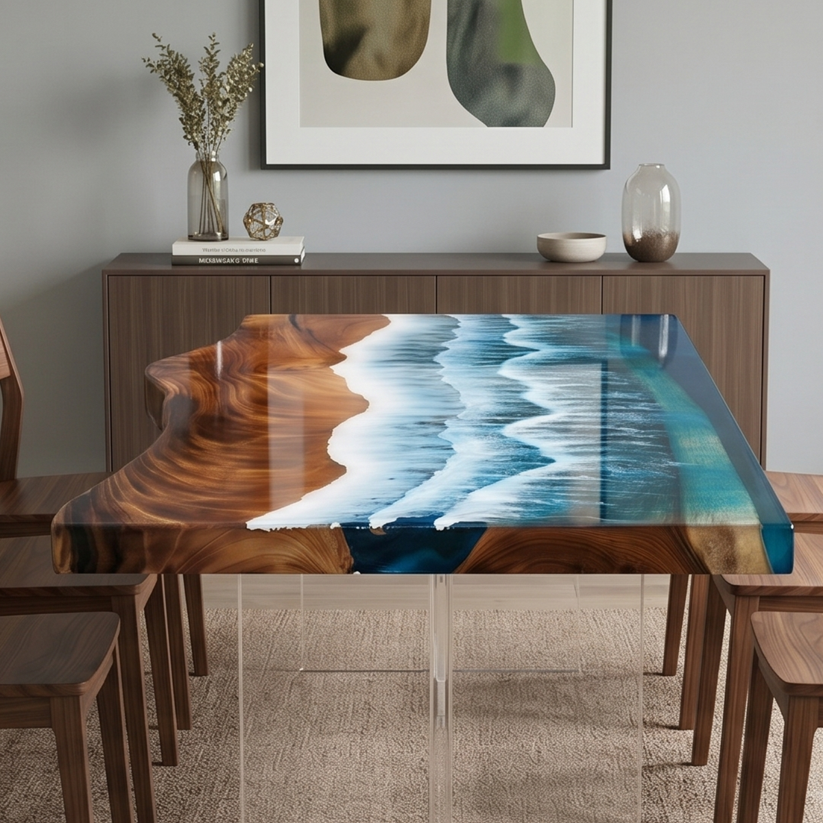 Walnut Wood Blue Wave Console Epoxy Resin Dining Table