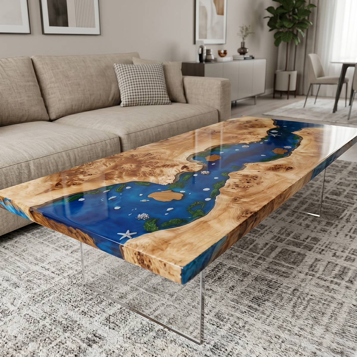 Poplar Wood Blur River Rectangle Resin Coffee Table