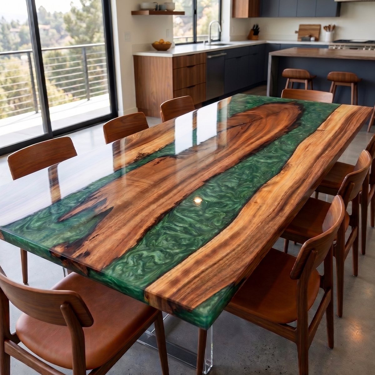 Walnut Wood Swirl Green River Rectangle Epoxy Resin Dining Table