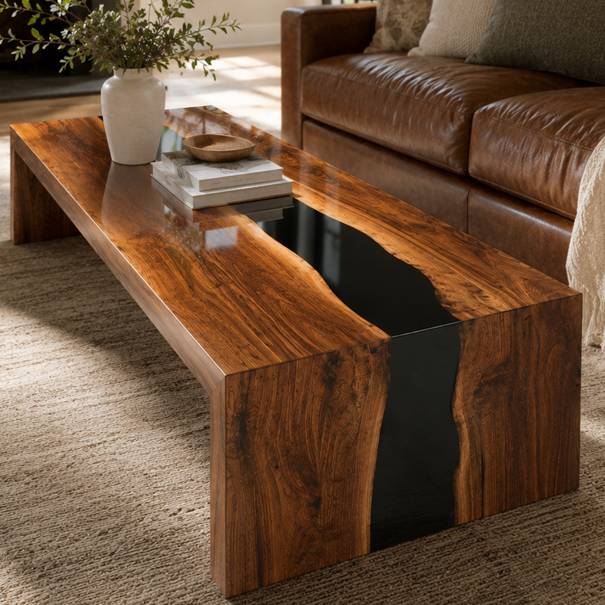 Walnut Wood Black River Epoxy Resin Waterfall Coffee Table