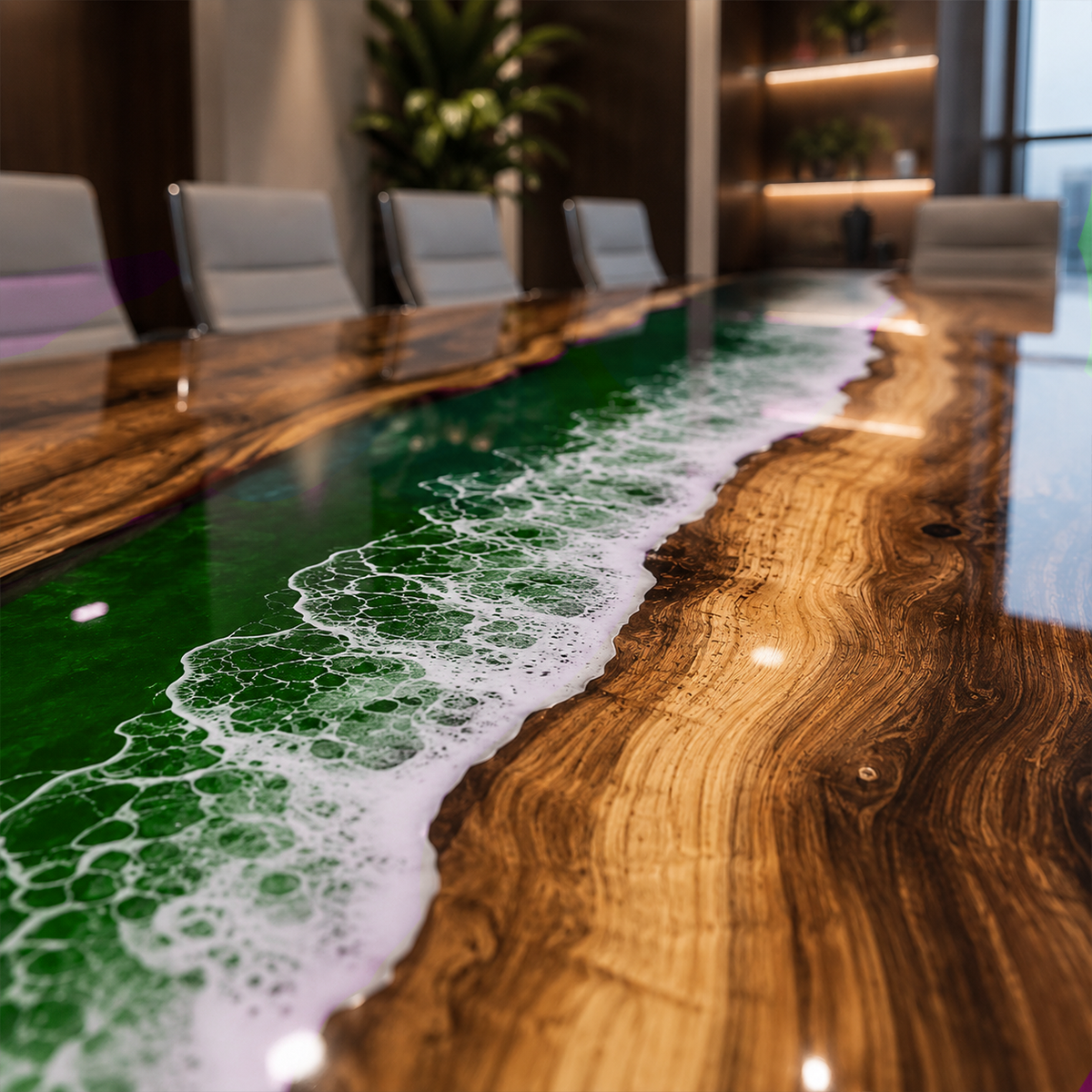 Walnut Wood with Green Wave Epoxy Resin Conference Table