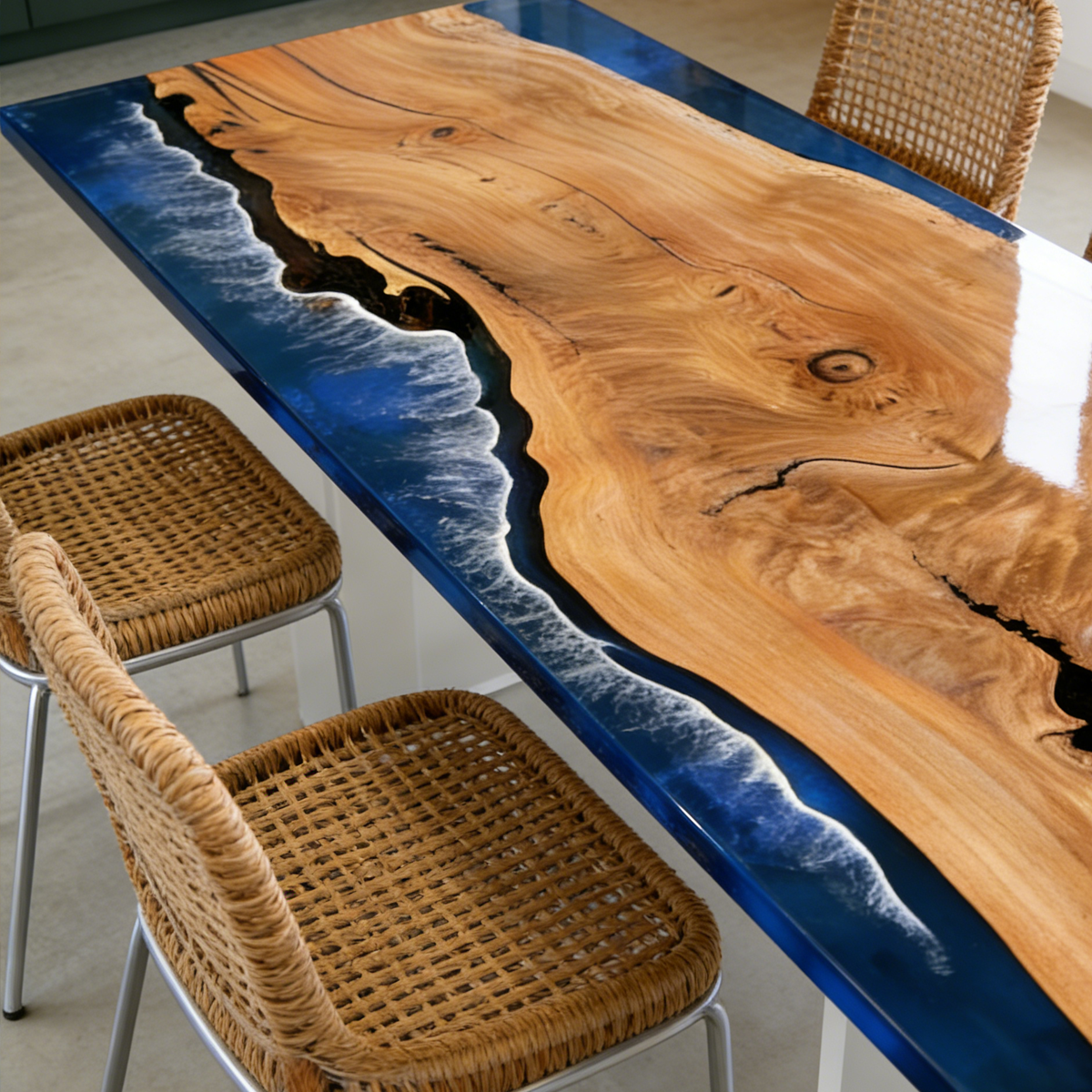 Rectangle Olive Wood Blue Epoxy Resin Ocean Wave Dining Table