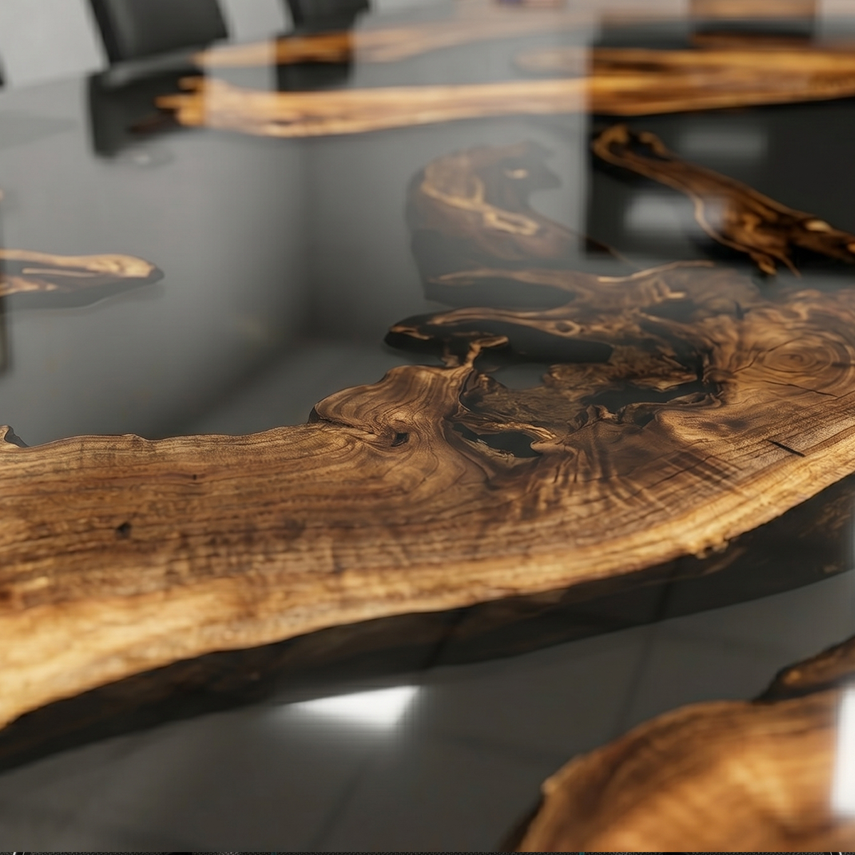 Golden Camphor with Transparent Black Epoxy Resin Conference Table