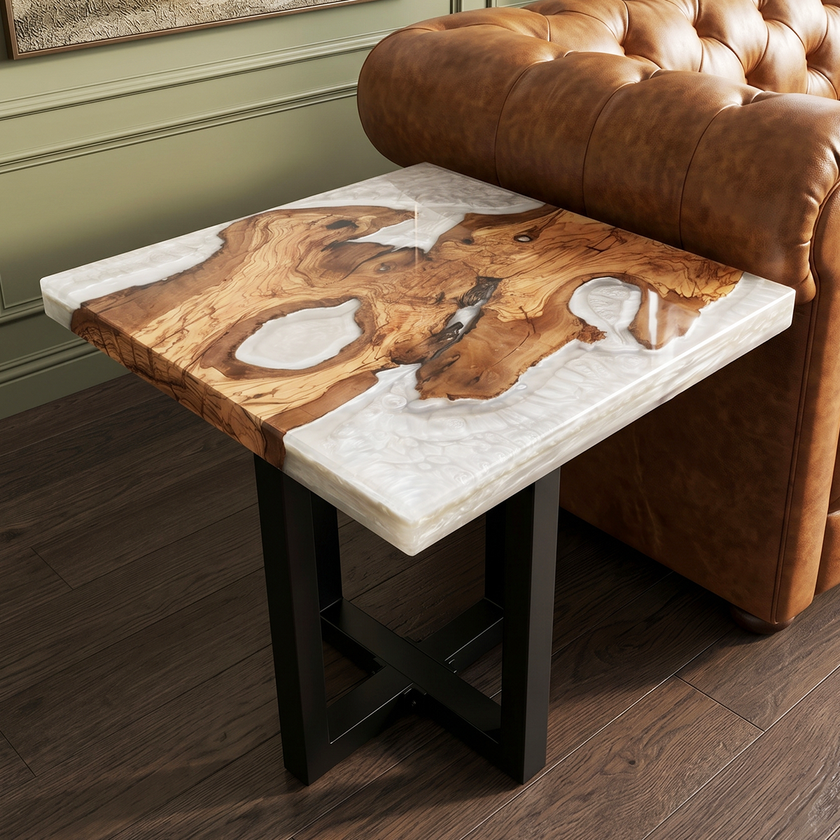 Olive Wood & Frosted Epoxy Resin Side Table