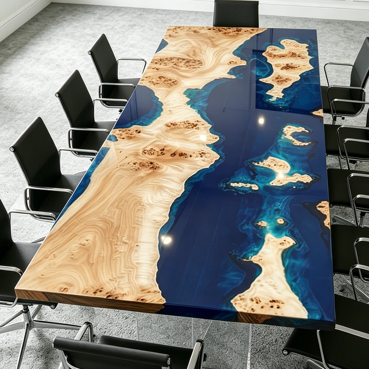 Ocean Archipelago Poplar Wood Blue Wave Epoxy Resin Conference Table