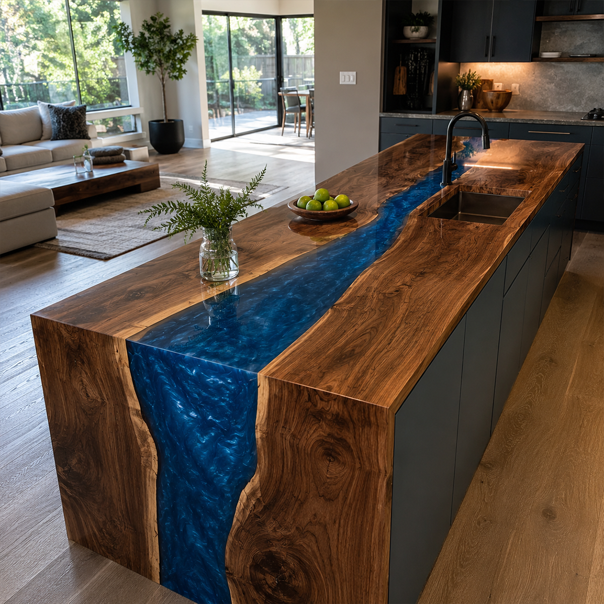 Walnut Wood Swirling Blue Epoxy Resin Table and Kitchen Bar Cabinet