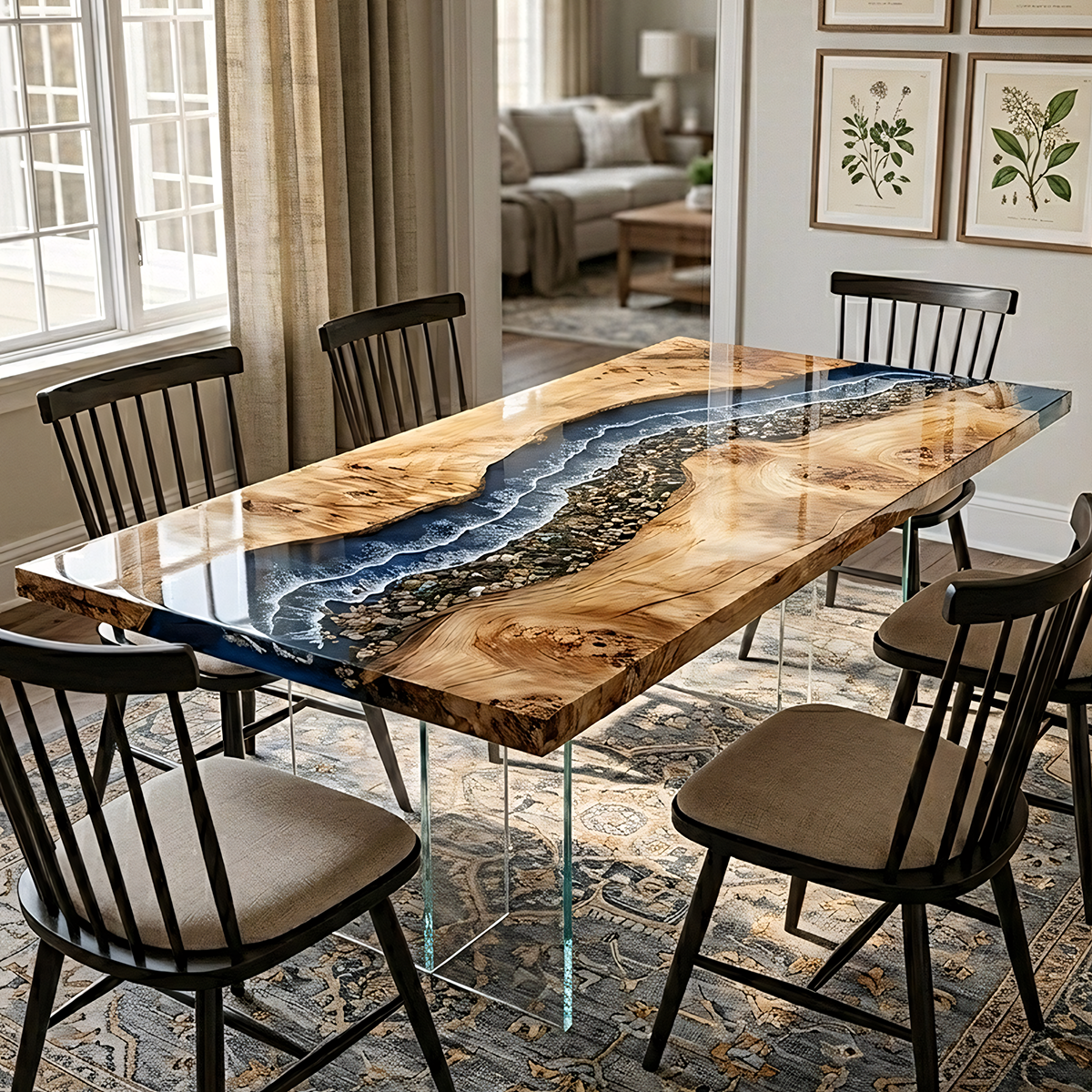 Poplar Wood Sea Wave Rectangle Epoxy Resin Dining Table