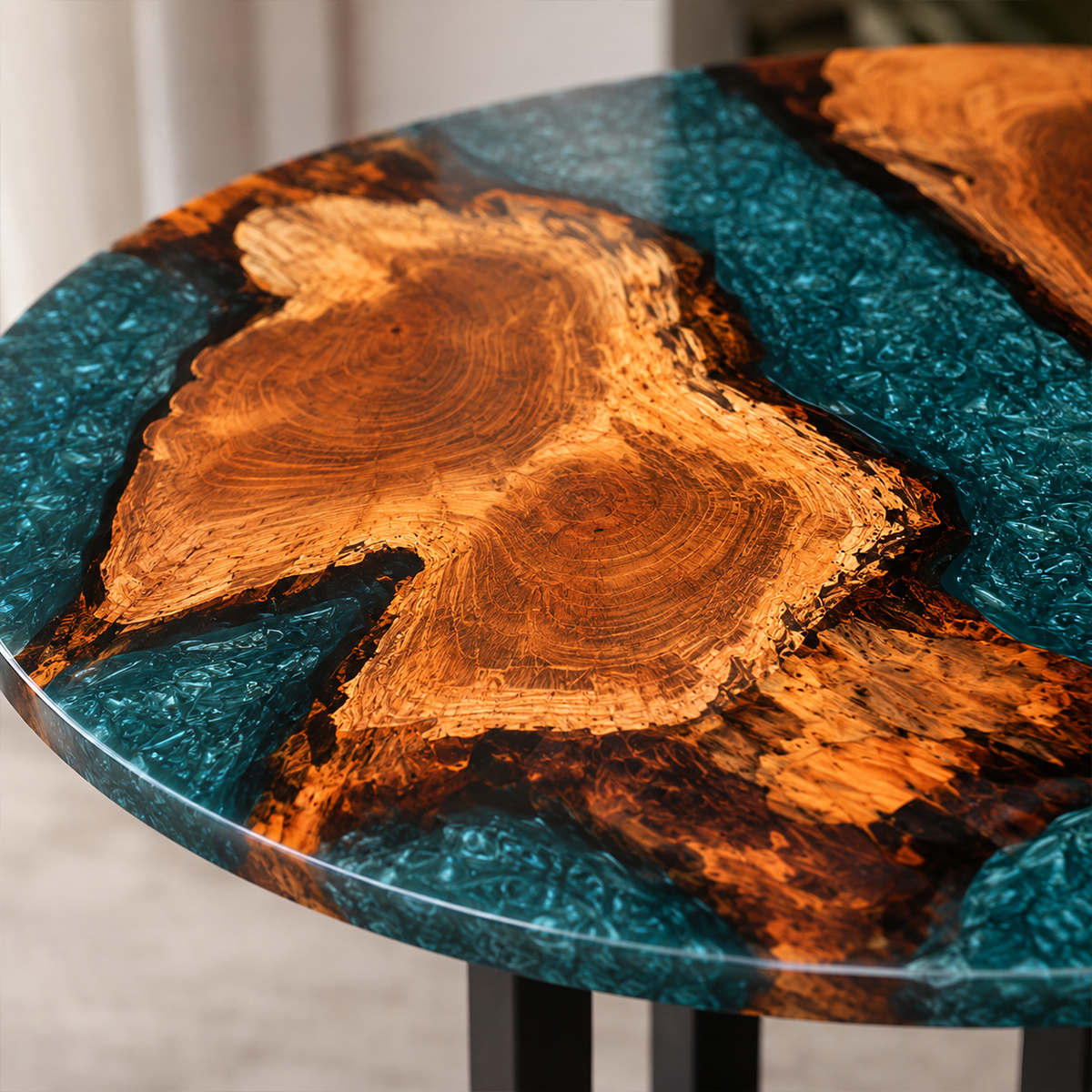 Walnut Wood Teal Resin Round Table