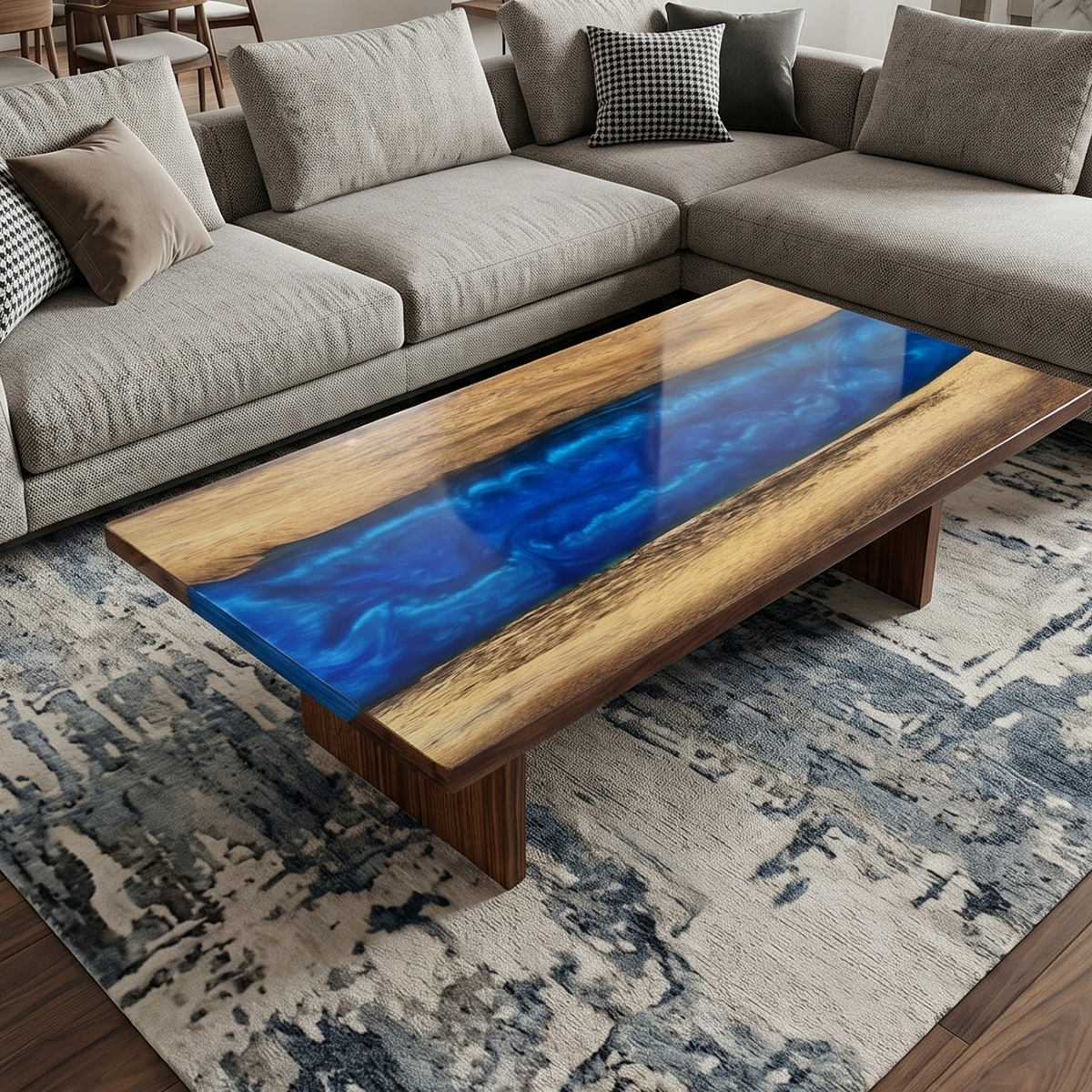 Walnut Wood Blue Sky Rectangle Resin Coffee Table