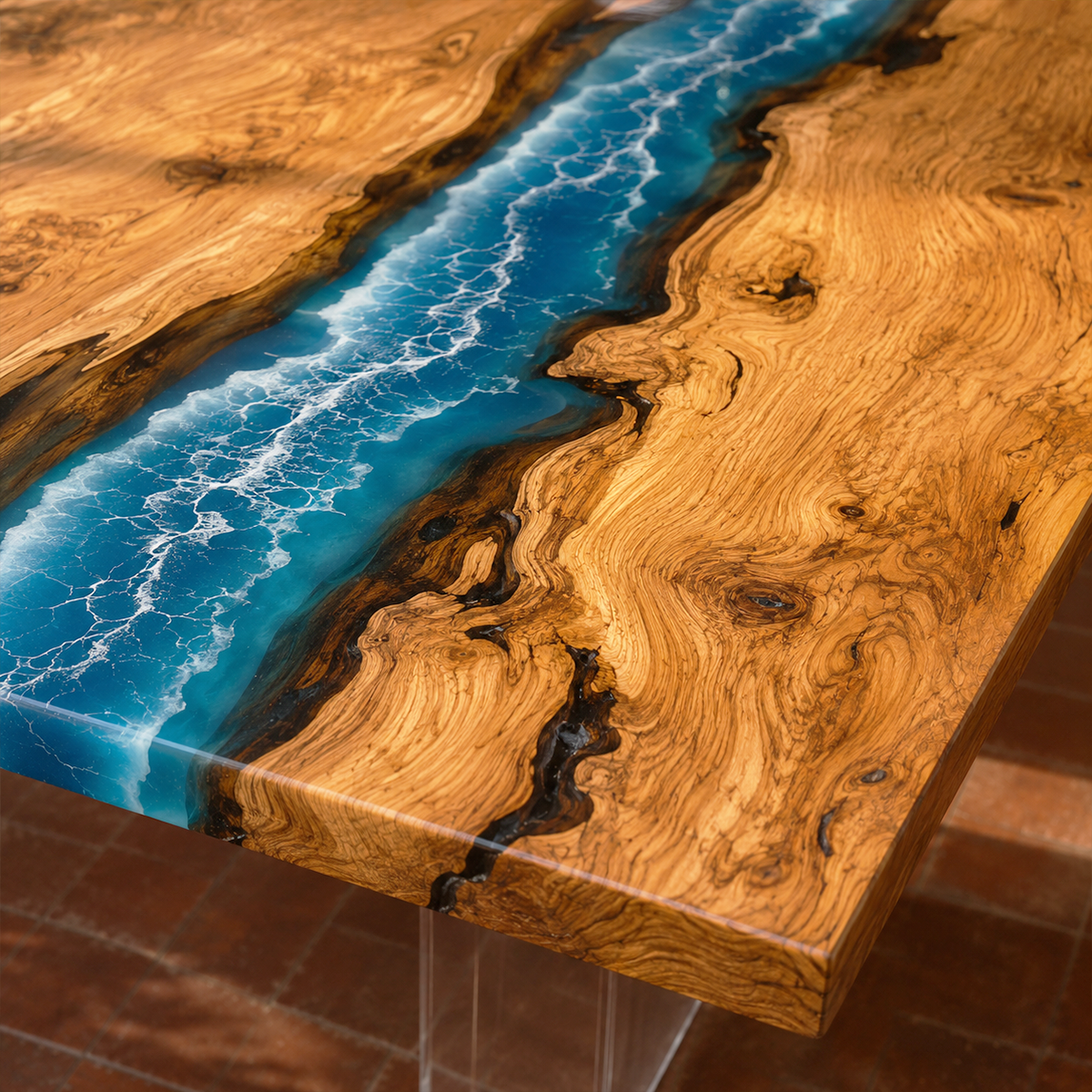 Olive Wood Mediterranean Tide Restaurant Epoxy Resin Table