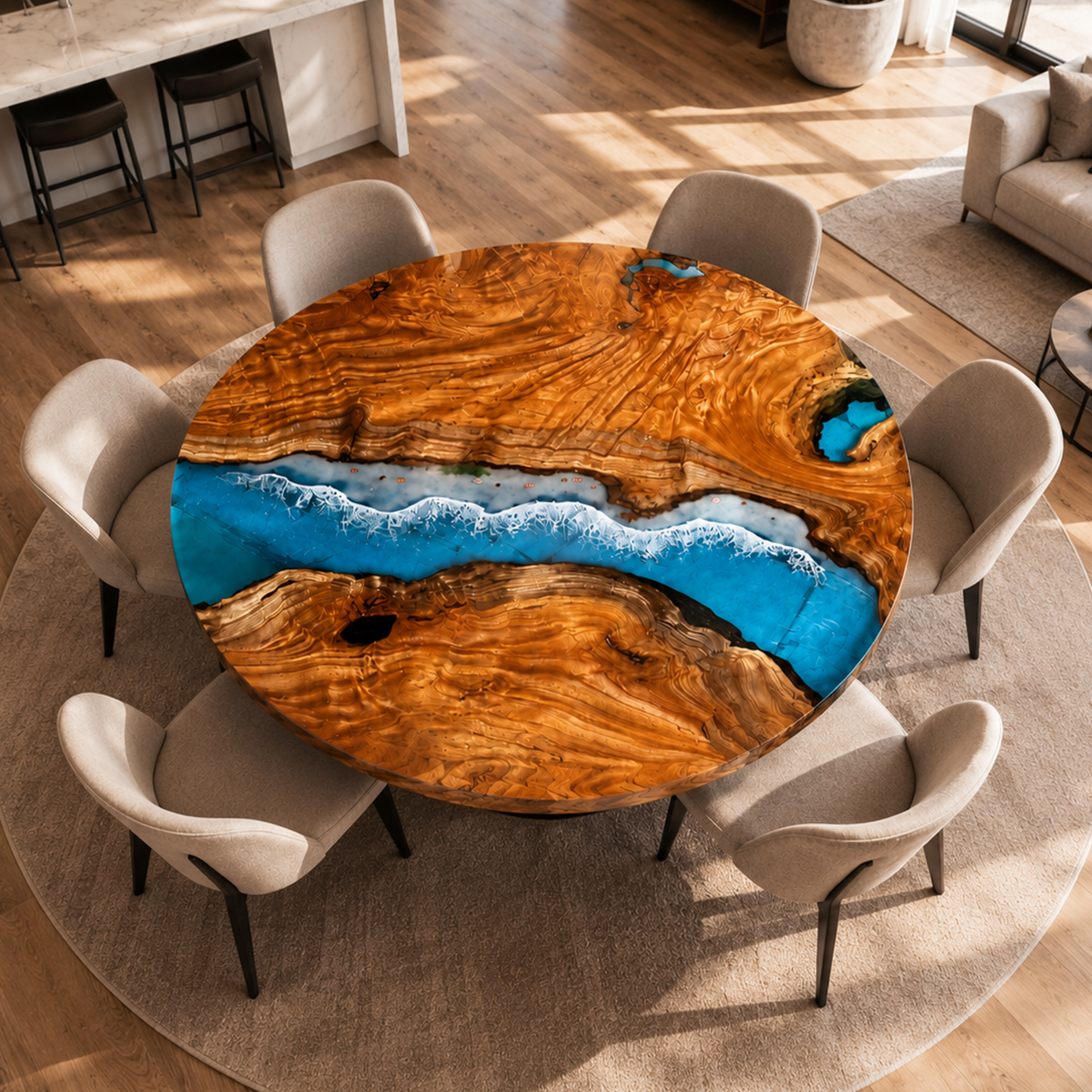 Cunninghamia Wood Blue Wave Resin Round Table
