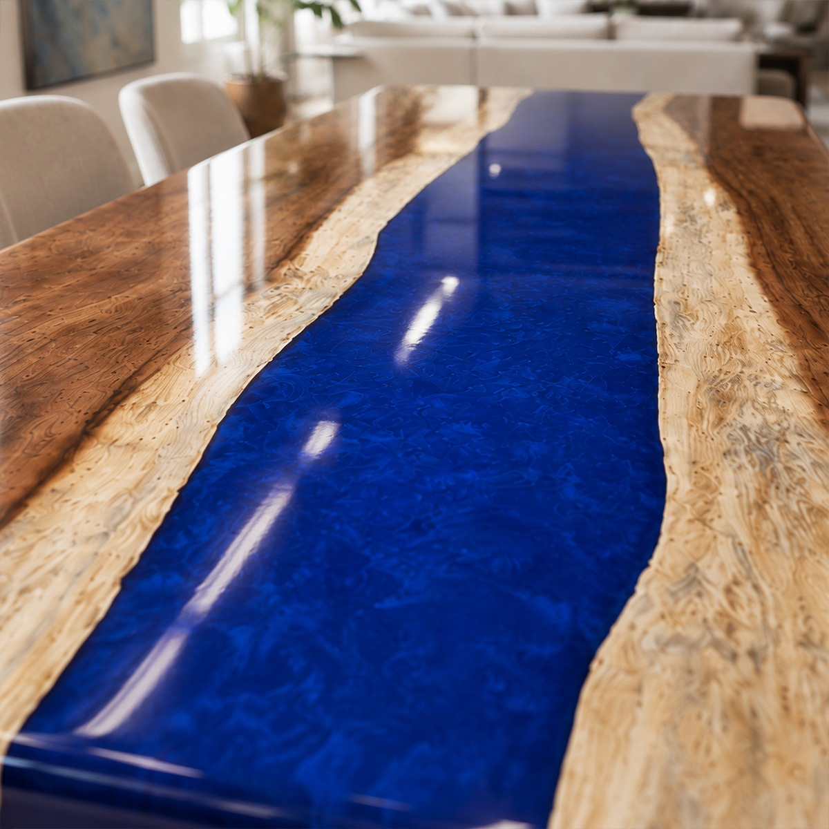 Walnut Wood with Blue Epoxy Resin Dining Table
