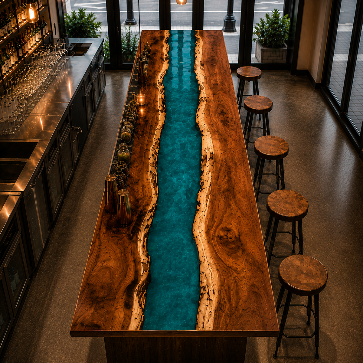 Walnut Azure River Epoxy Resin Bar Countertop
