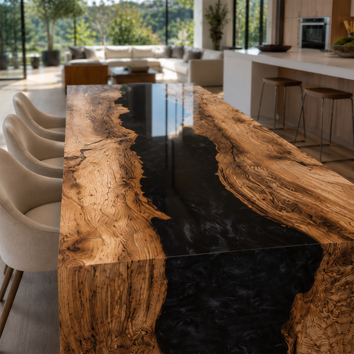 Olive Wood Black River Epoxy Resin Waterfall Dining Table