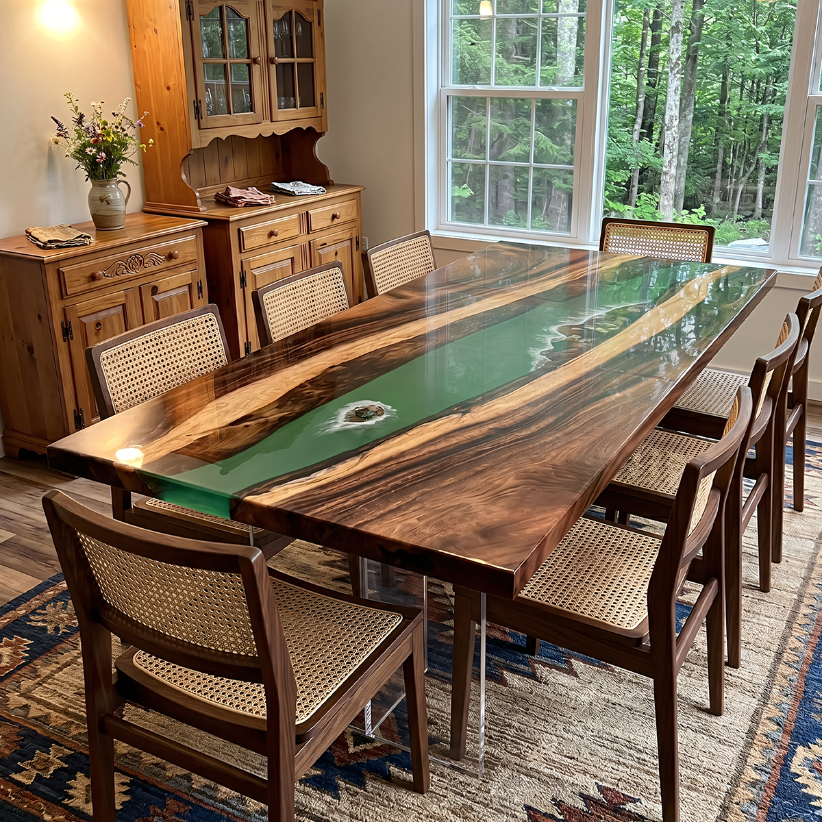 Walnut Wood Rectangle Epoxy Resin Greem Wave Dining Table