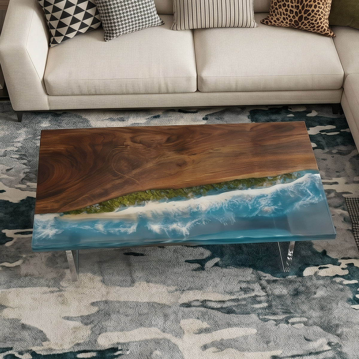 Black Walnut Wood Blue Wave Rectangle Resin Coffee Table