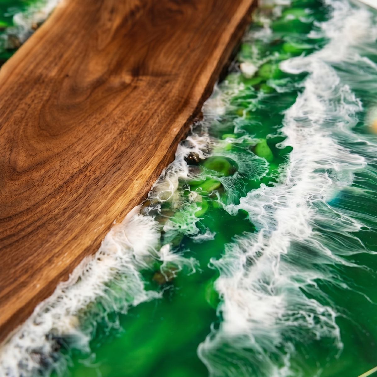 Walnut Wood Green Wave Epoxy Resin Round  Coffee Table