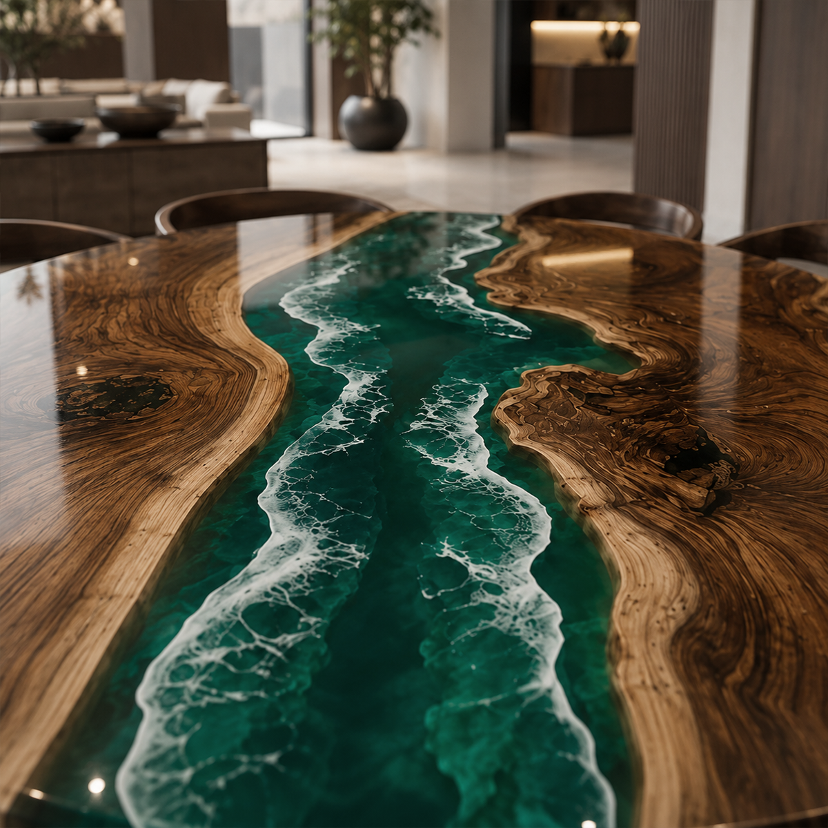Black Walnut with Green Wave Epoxy Resin Round Table