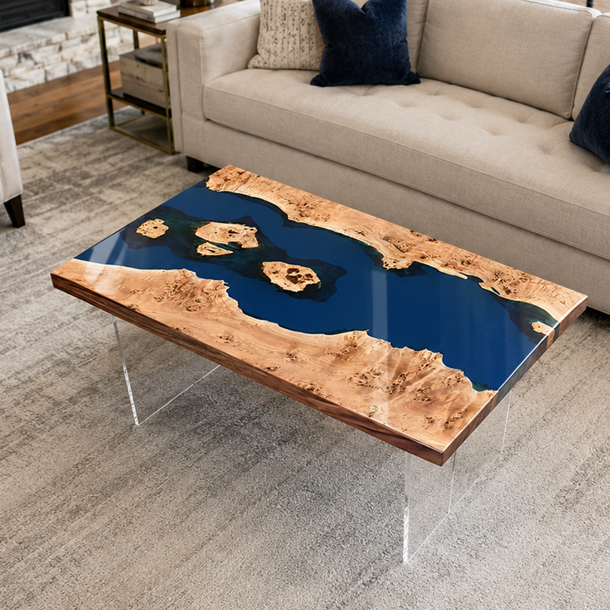 Poplar Wood Blue River Rectangle Resin Coffee Table
