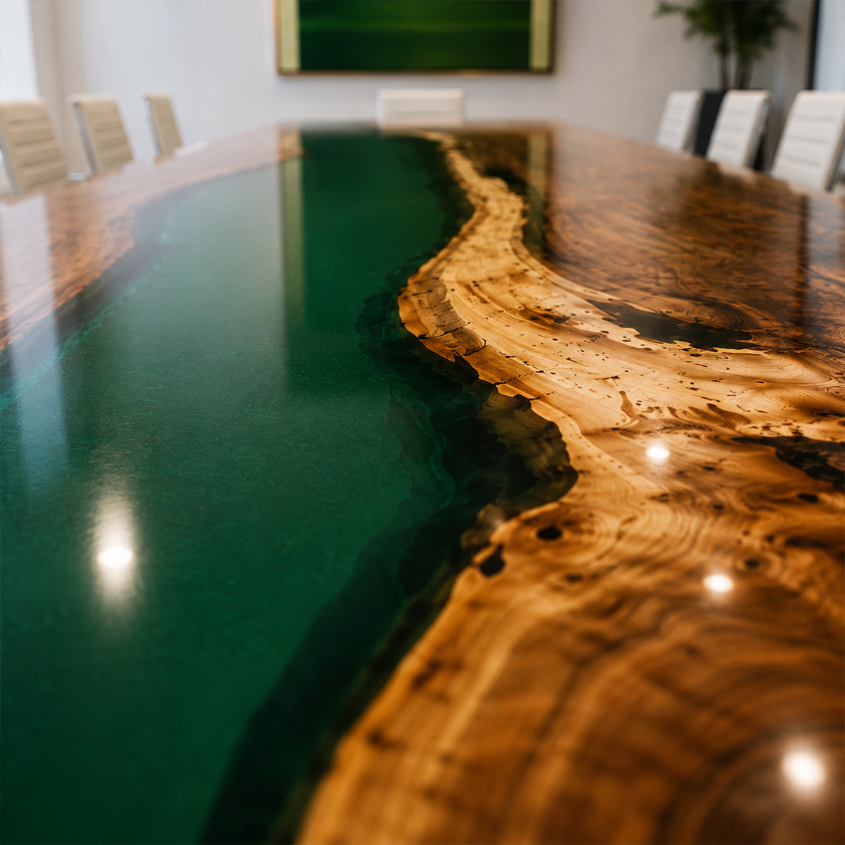 Walnut Wood with Green Epoxy Resin Conference Table