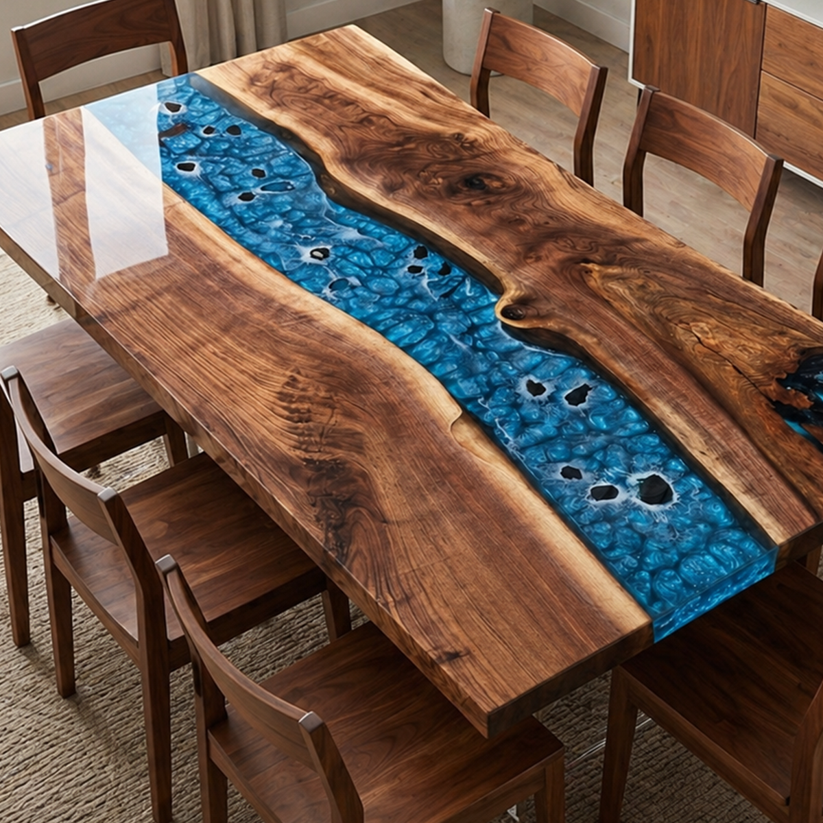Walnut Wood Epoxy Resin Turquoise Stream Dining Table
