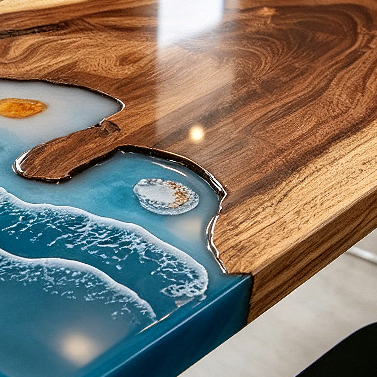 Walnut Wood Blue Wave Rectangle Coffee Table