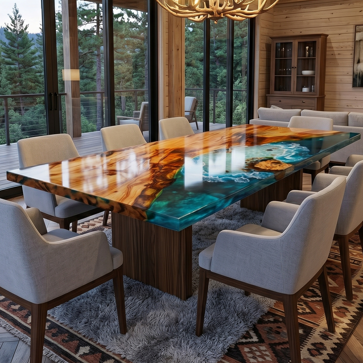 Cunninghamia Wood Epoxy Table with Island Epoxy Resin Dining Table