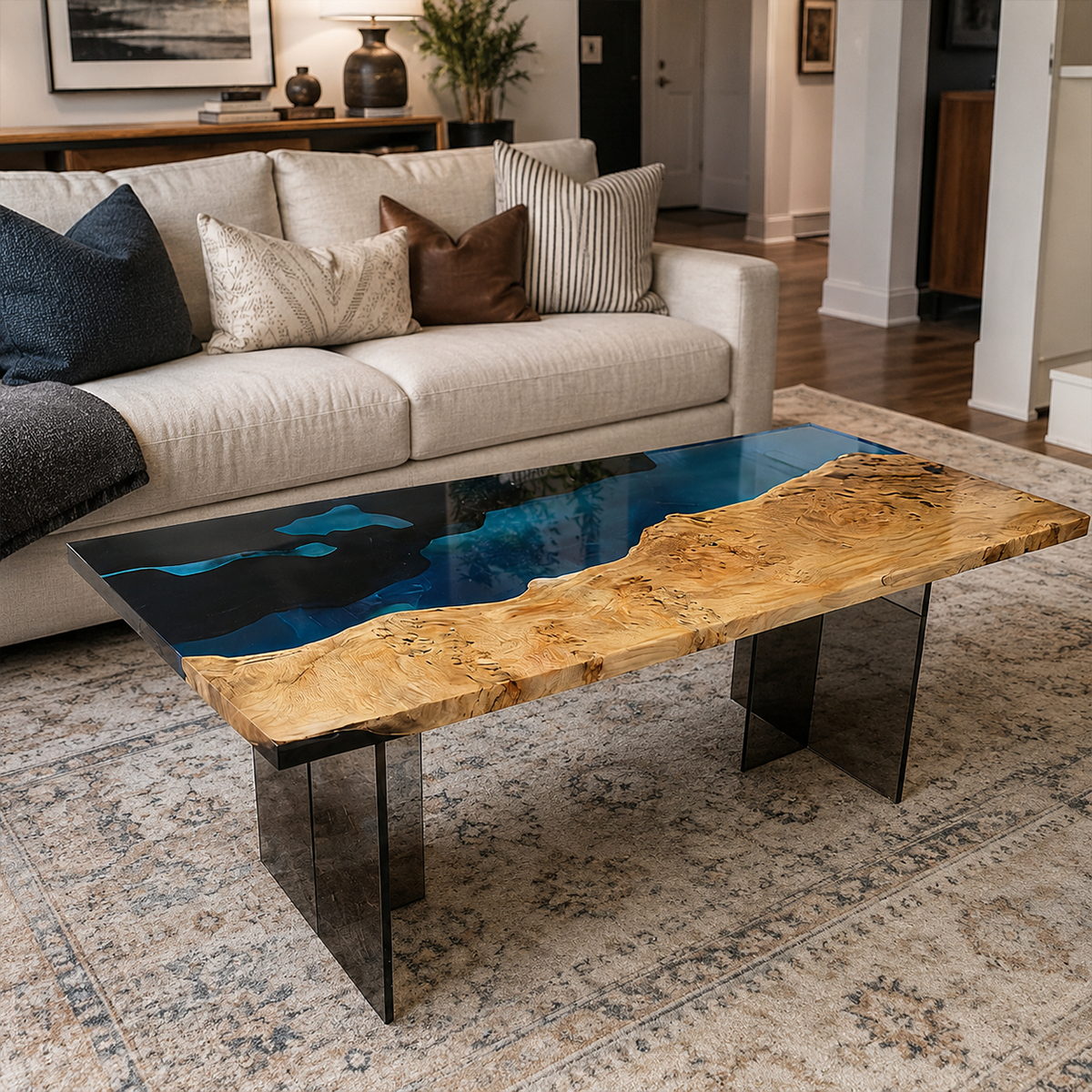 Poplar Wood Lake Scene Rectangle Resin Coffee Table