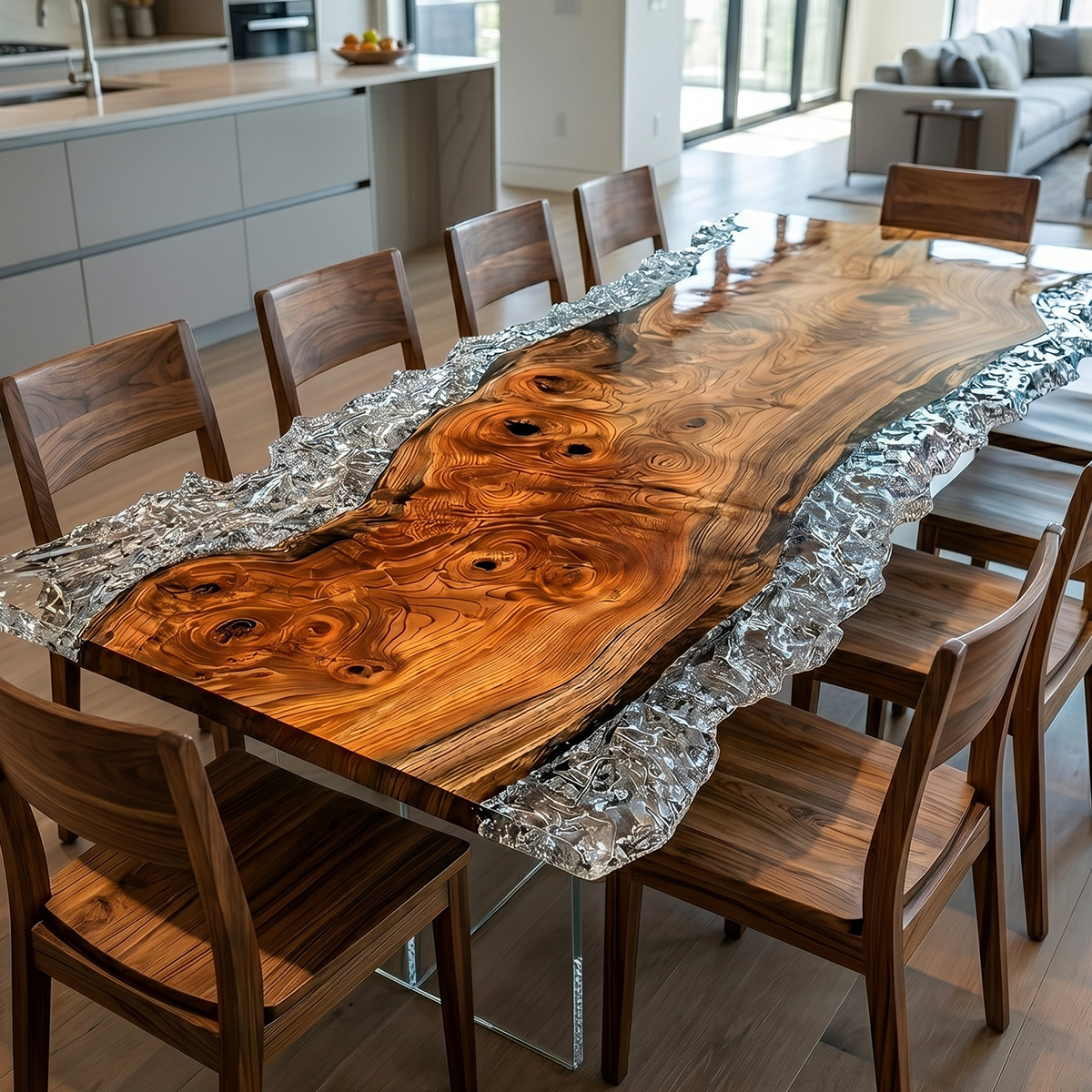 Olive Burl Wood Silver Metallic Epoxy Live Edge Dining Table