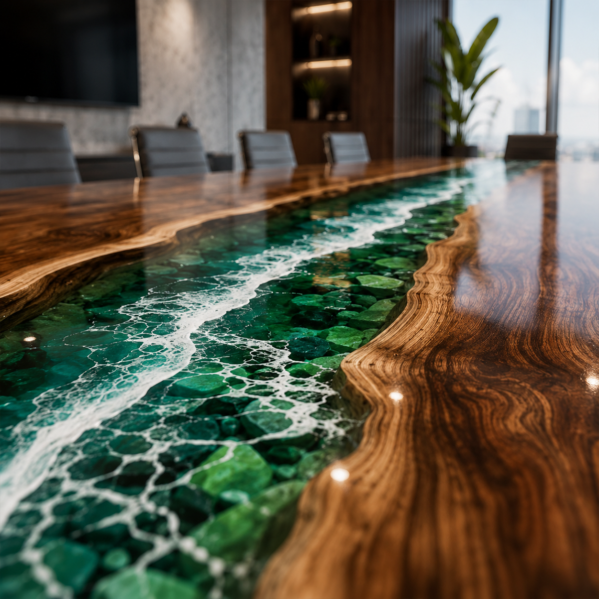 Black Walnut with Green Wave Epoxy Resin Conference Table