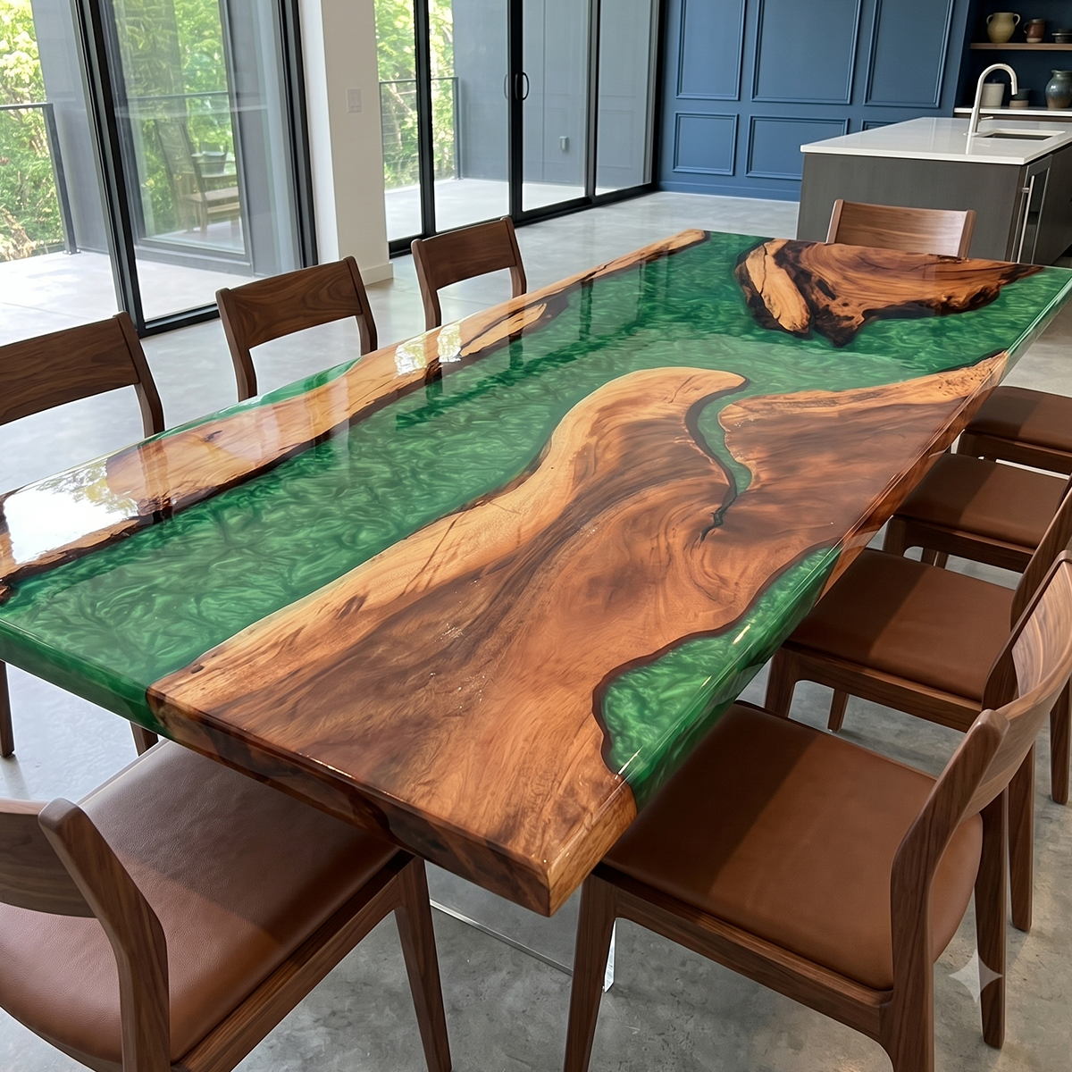 Walnut Wood Rectangle Green Epoxy Resin River Dining Table