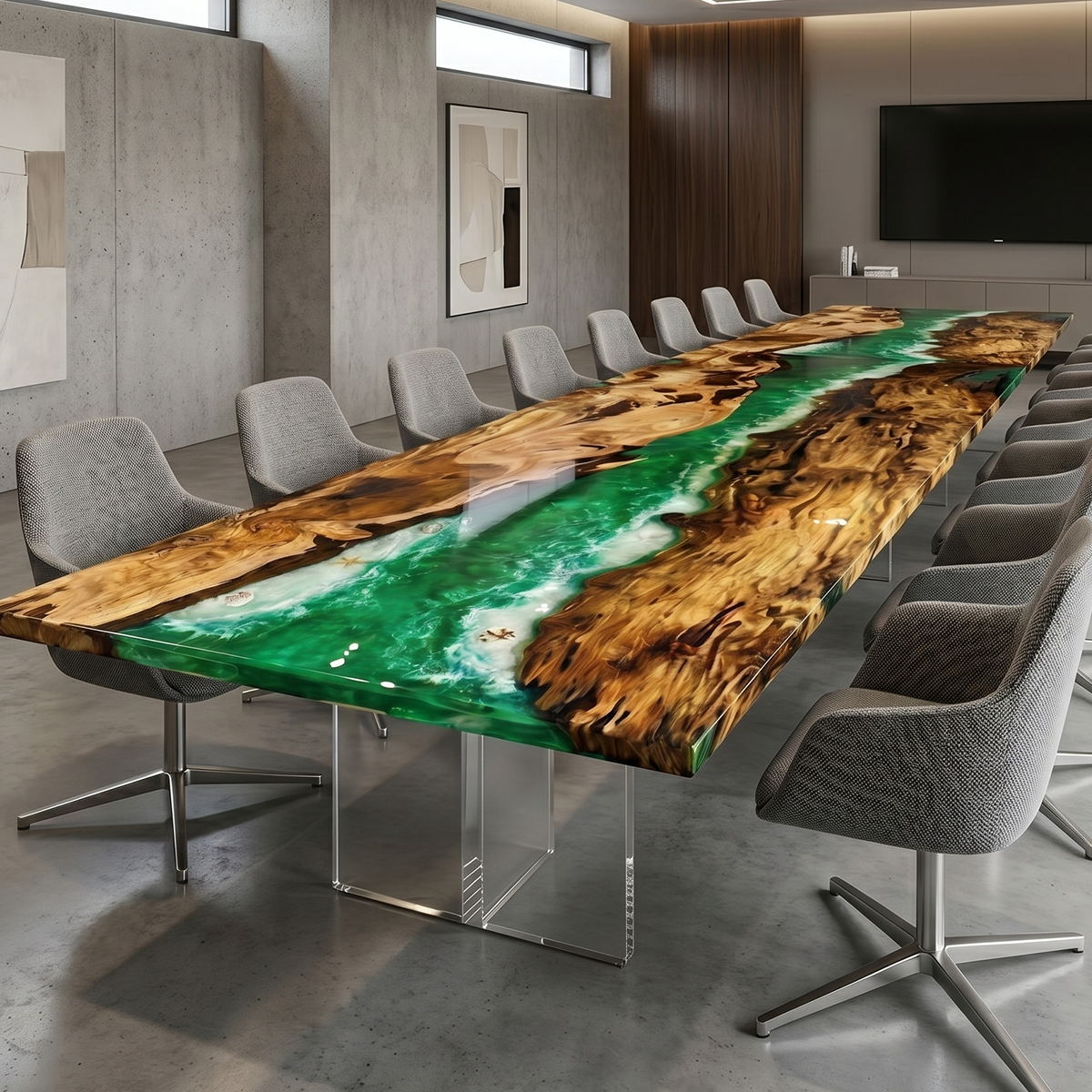 Olive Wood Green Ocean Wave Epoxy Resin Conference Table
