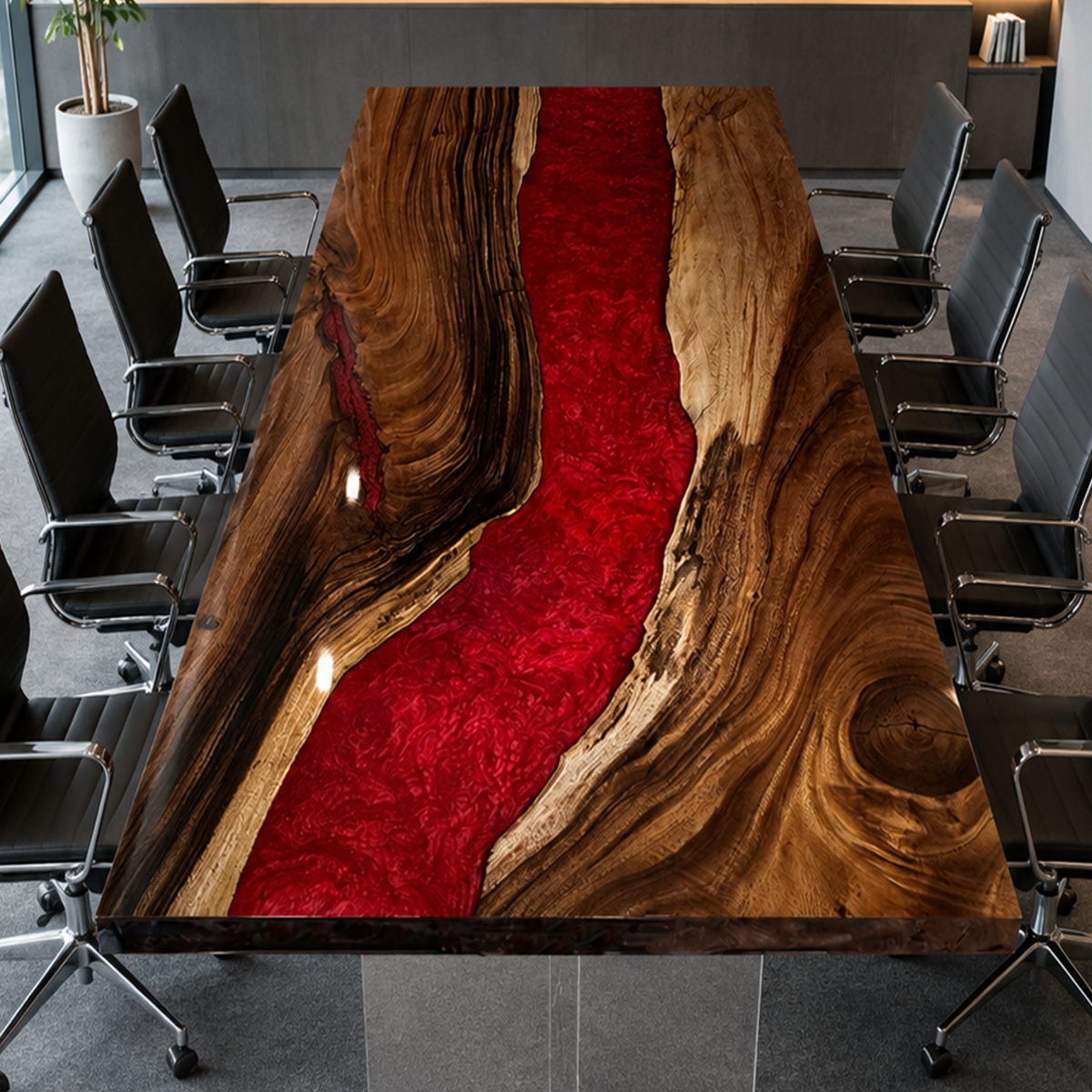 Black Walnut Wood Red River Epoxy Resin Conference Table