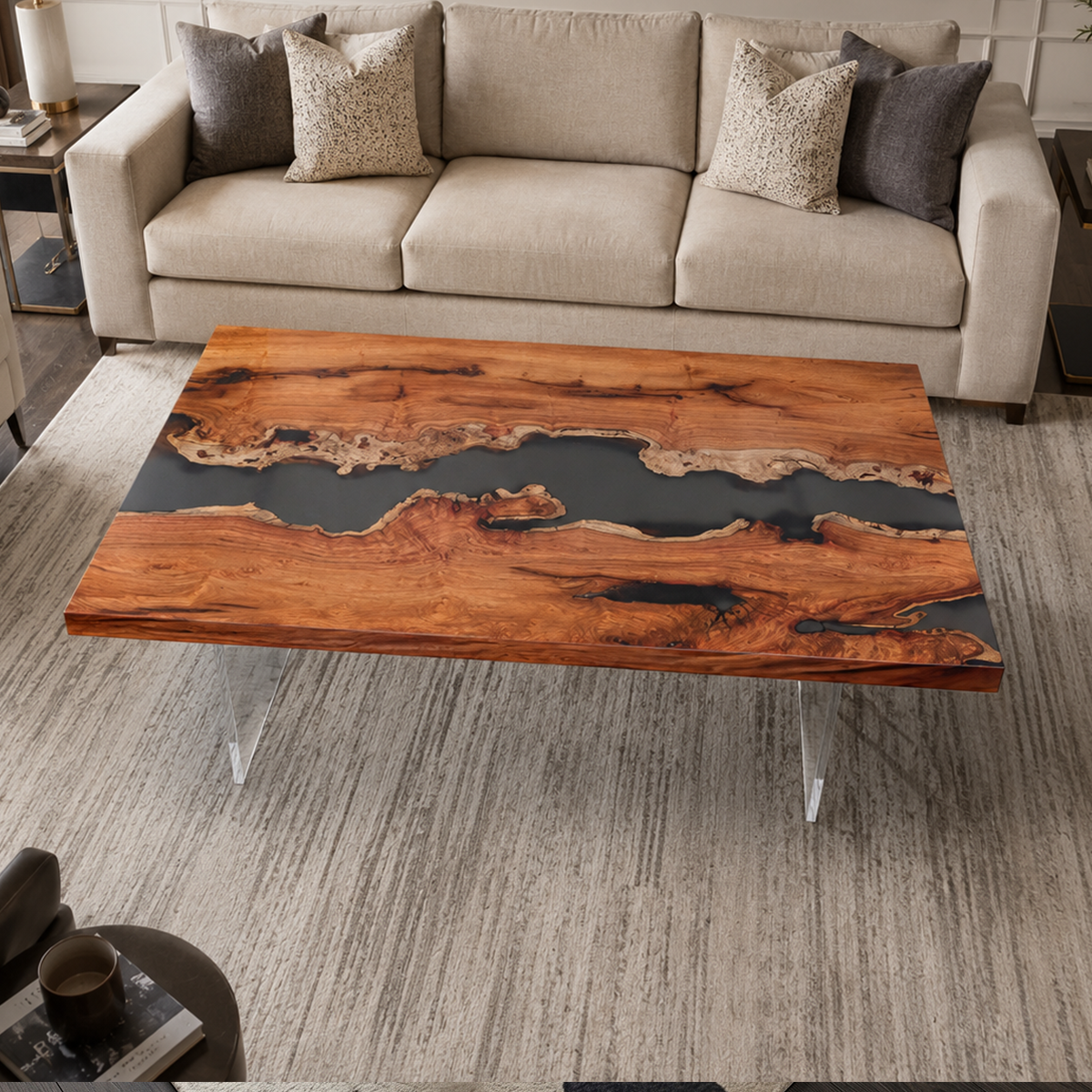 Burl Wood Black River Rectangle Resin Coffee Table