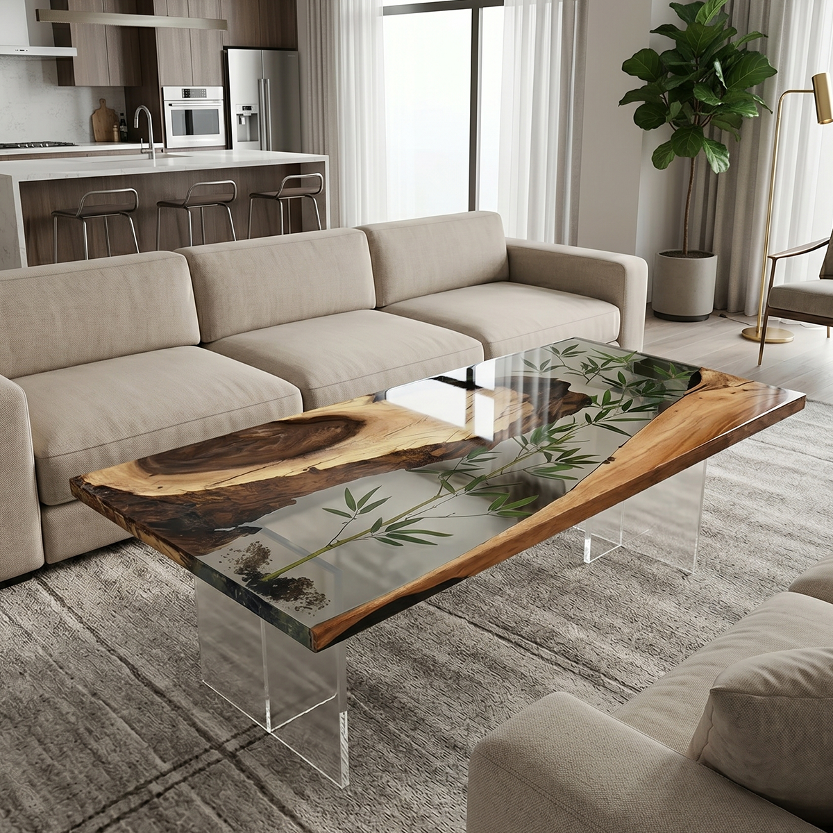 Bamboo Inlay Walnut Wood Epoxy Resin Coffee Table
