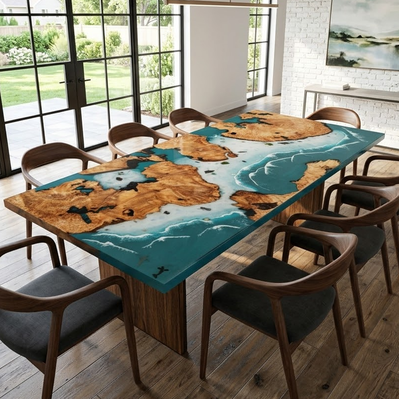 Olive Burl Coastal Map Rectangular Epoxy Resin Dining Table
