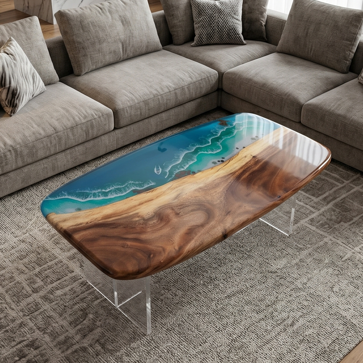 Walnut Wood Blue Wave Rectangle Resin Coffee Table