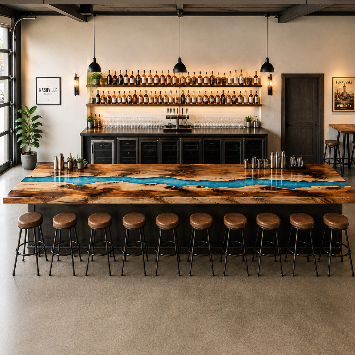 Walnut Wood Ocean Wave Inlay Counter Height Epoxy Resin Bar Table