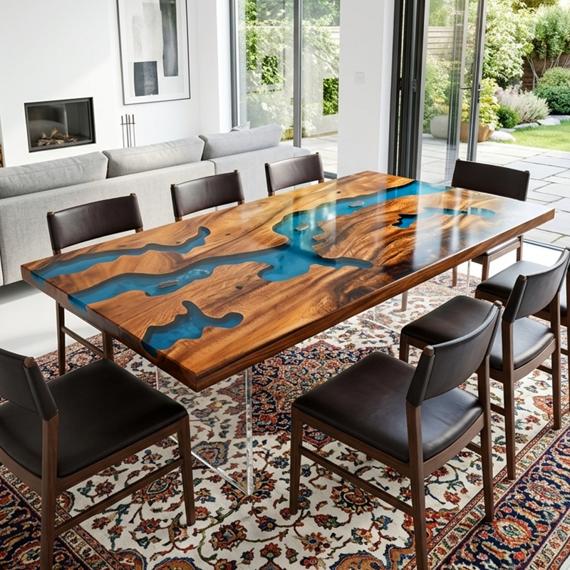 Walnut Wood Blue River Epoxy Resin Dinning Table
