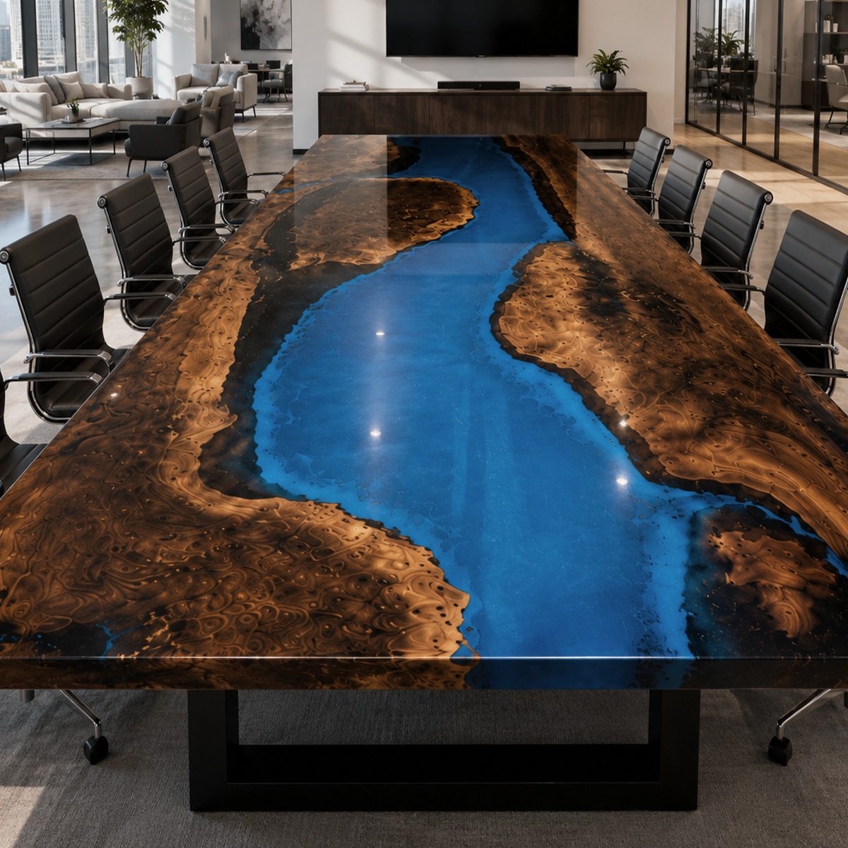 Luxury Black Walnut Wood Blue River Epoxy Conference Table
