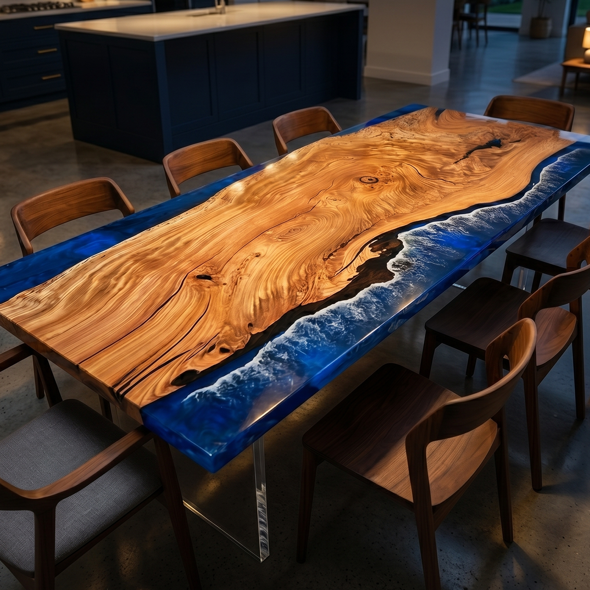 Rectangle Olive Wood Blue Epoxy Resin Ocean Wave Dining Table